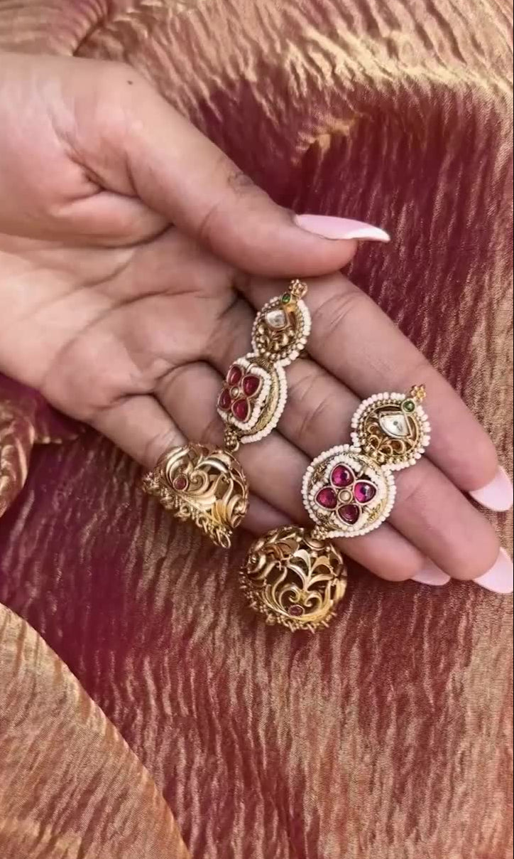 Chenab Antique Jhumki Earrings in Red