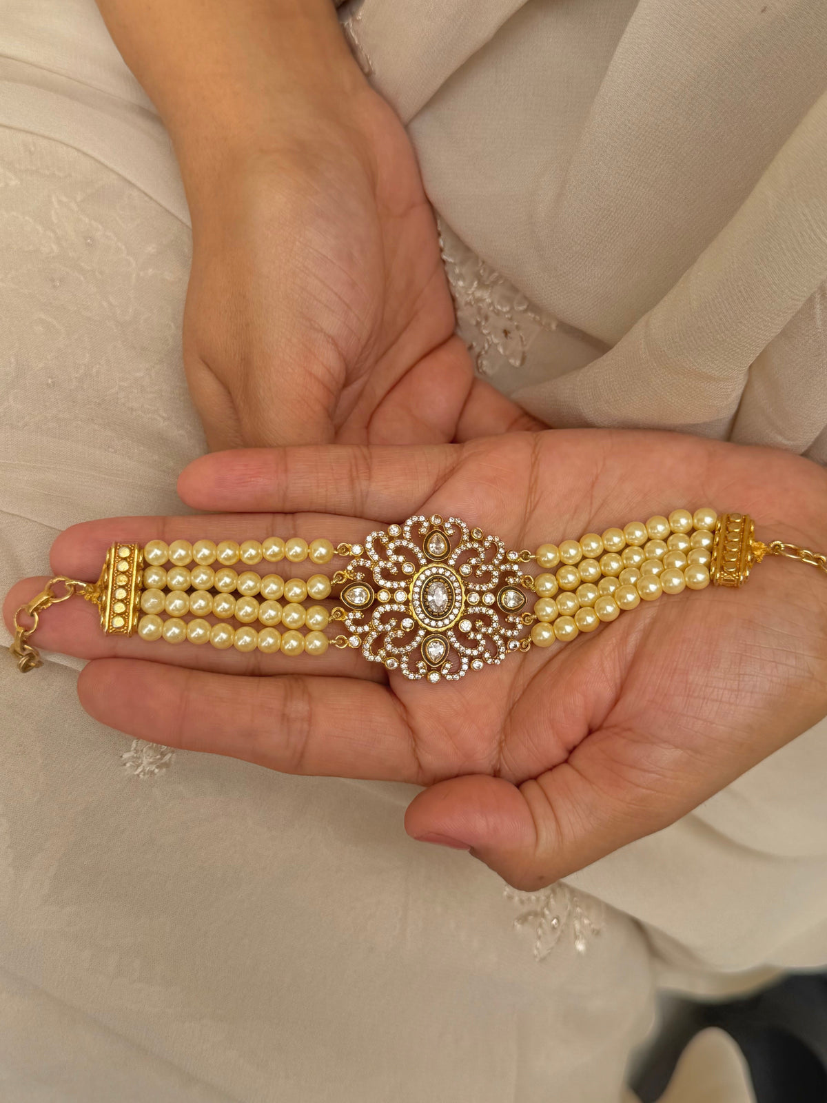 Samvidha Polki Zircon Pearl Bracelet