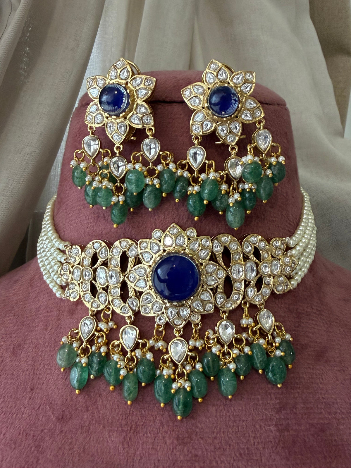 Roshala Blue Green Emerald Polki Festive Choker Necklace Set for Women