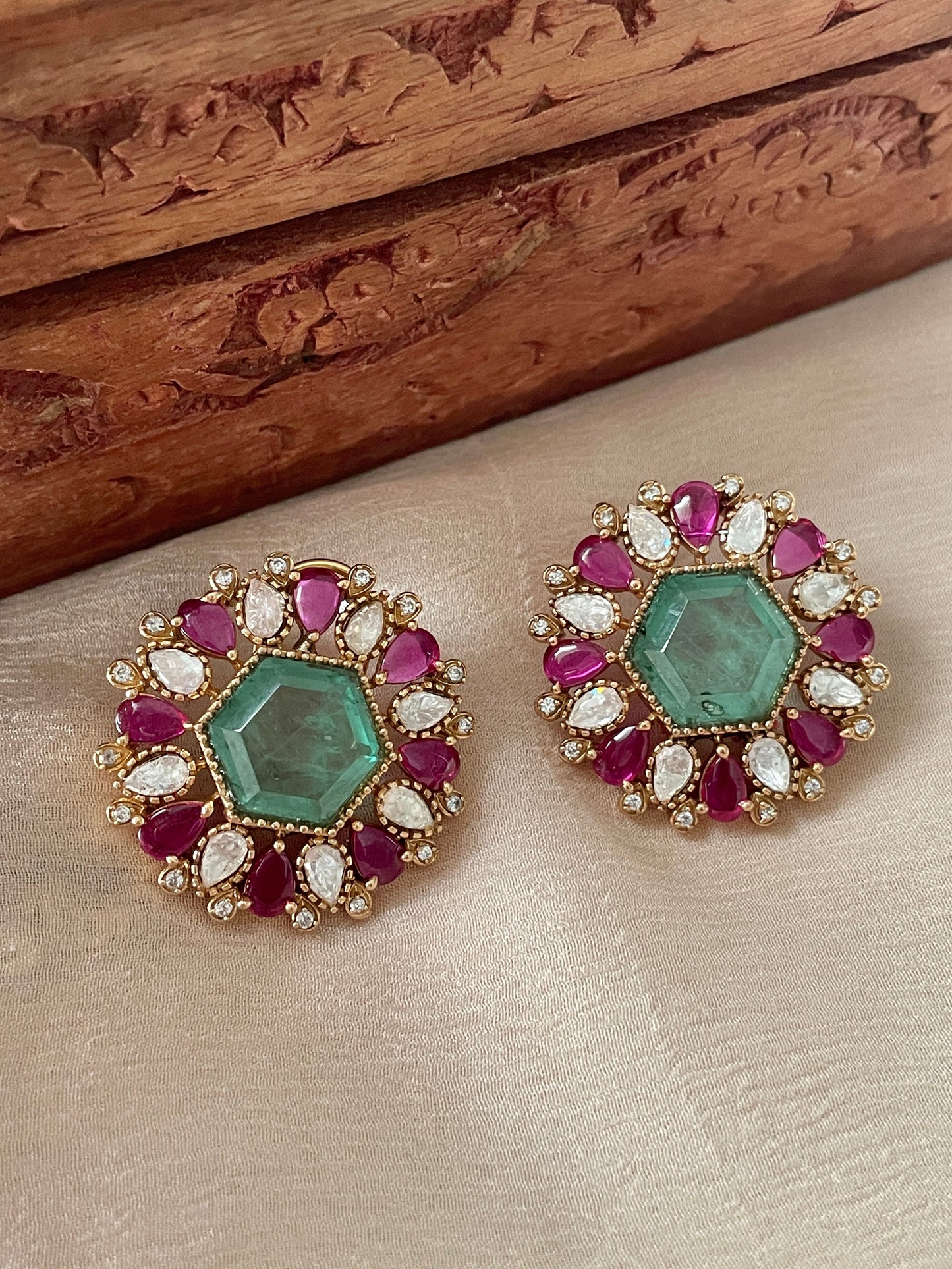 Ameen Emerald Ruby Stud Earrings