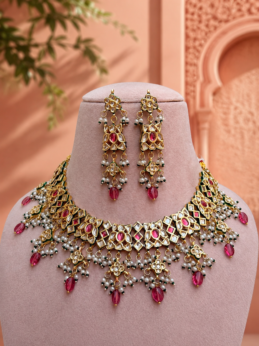 Kadambari Pink Ruby Kundan Necklace Set for Women for Festive and Bridal Wear