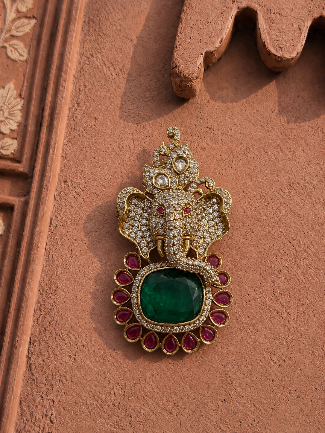 Ganpati Emerald Flower Mens Brooch with Premium American Diamond for Wedding and Festive Wear