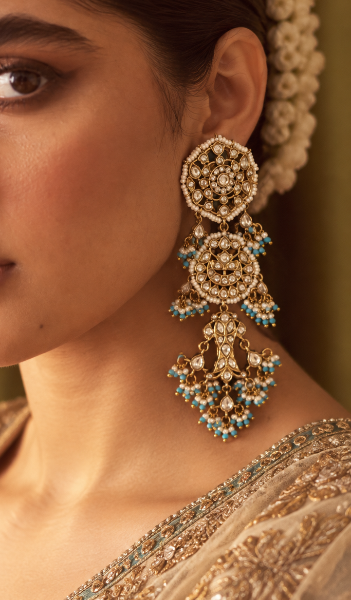 Turquoise Blue Magar Jodi Kundan Polki Jadau Real Gold Look Earrings