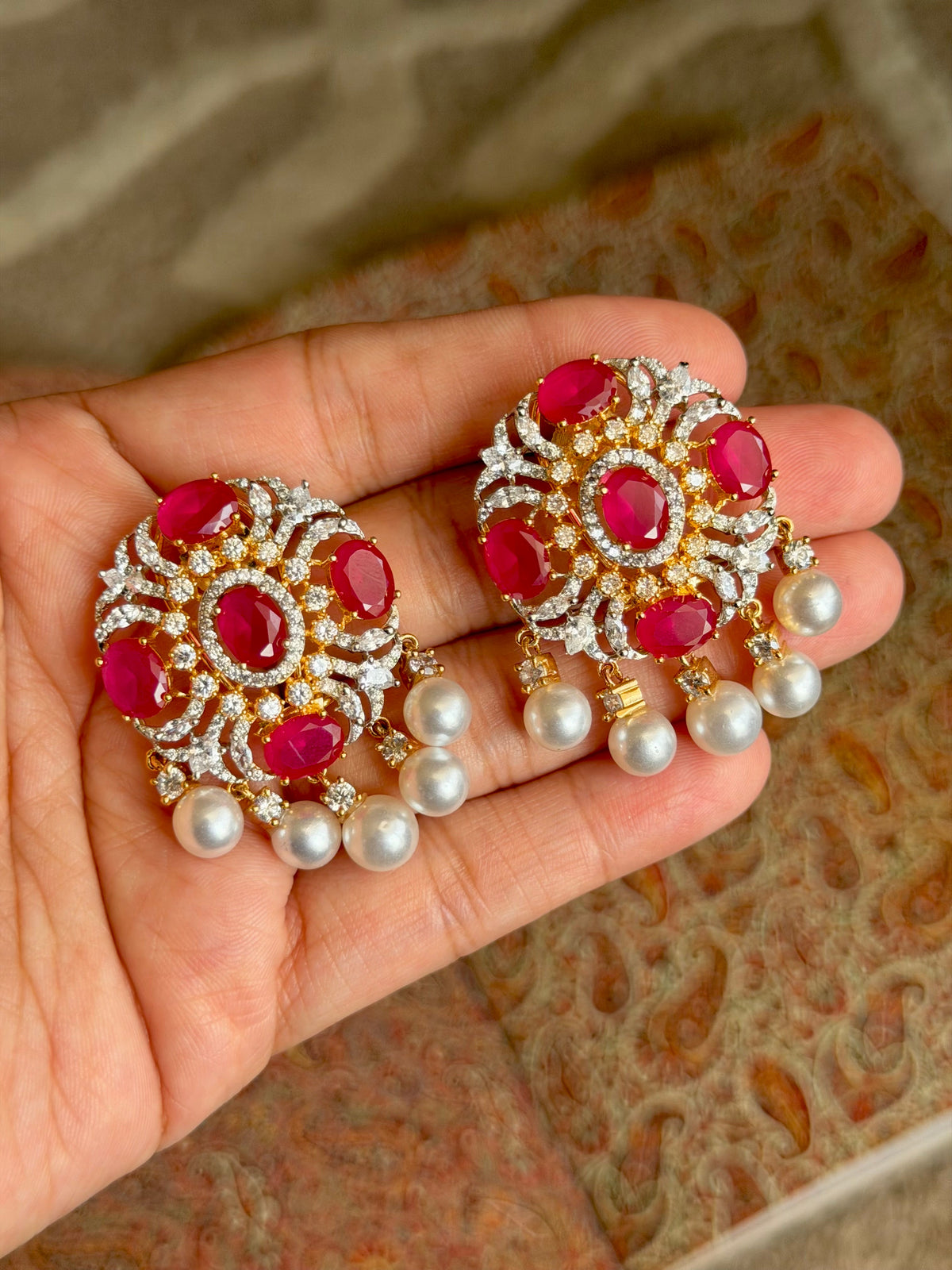 Vanya Faux Ruby Red Diamond Two Tone Stud Earrings with Back Clips