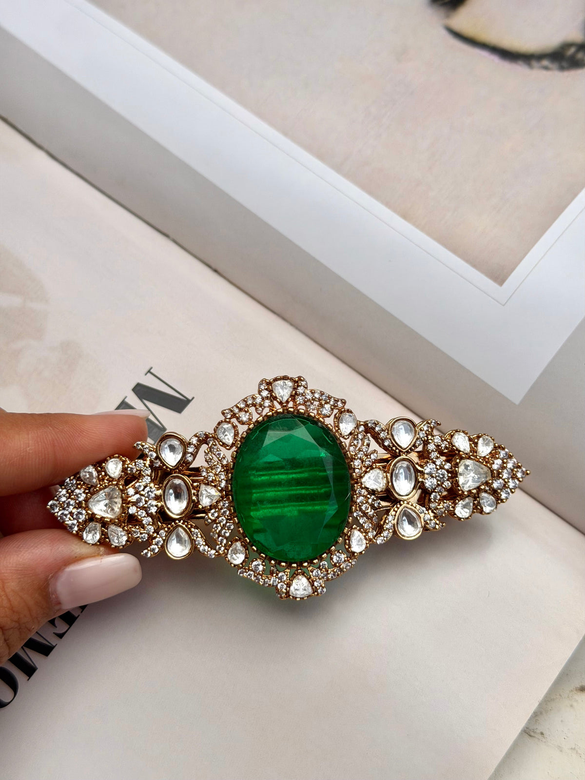 Alina Kundan Emerald Hair Clip for Women