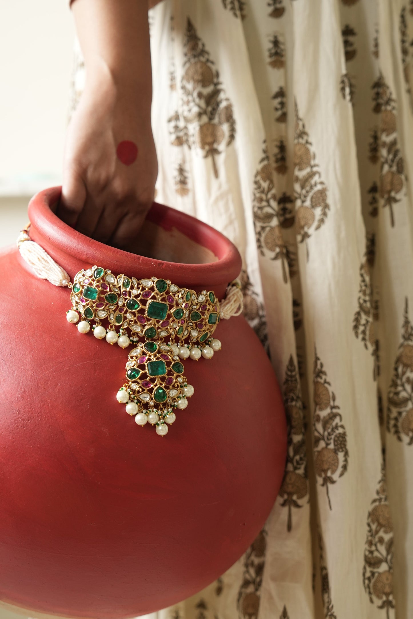 Pre Order - Samira Multi Stone Polki and Pearl Necklace Set