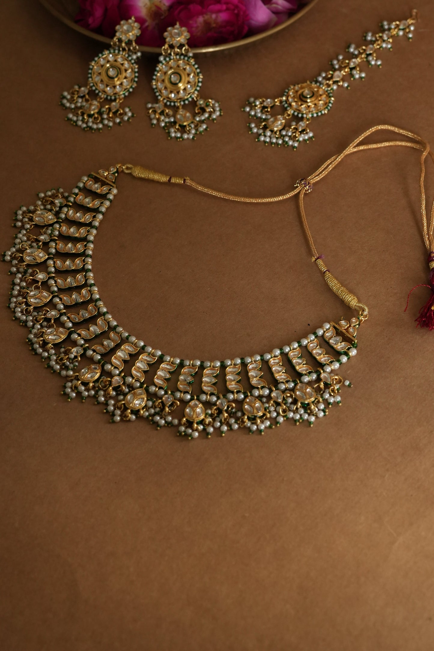 Vasant Kundan Necklace with Earrings and Maangtikka