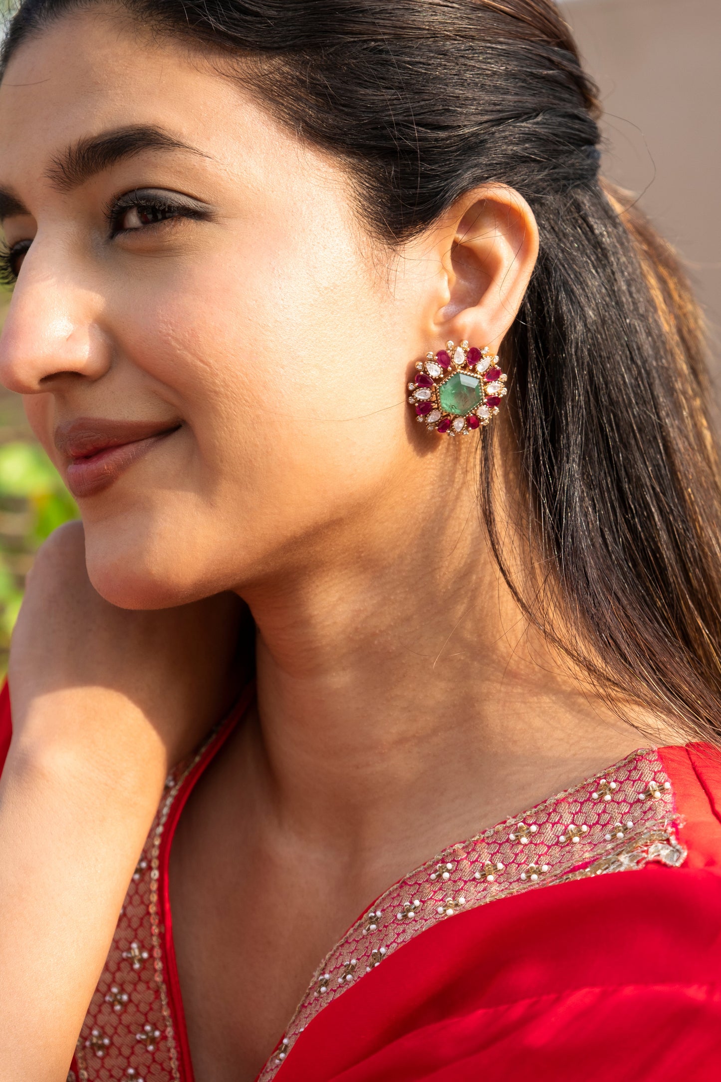 Ameen Emerald Ruby Stud Earrings