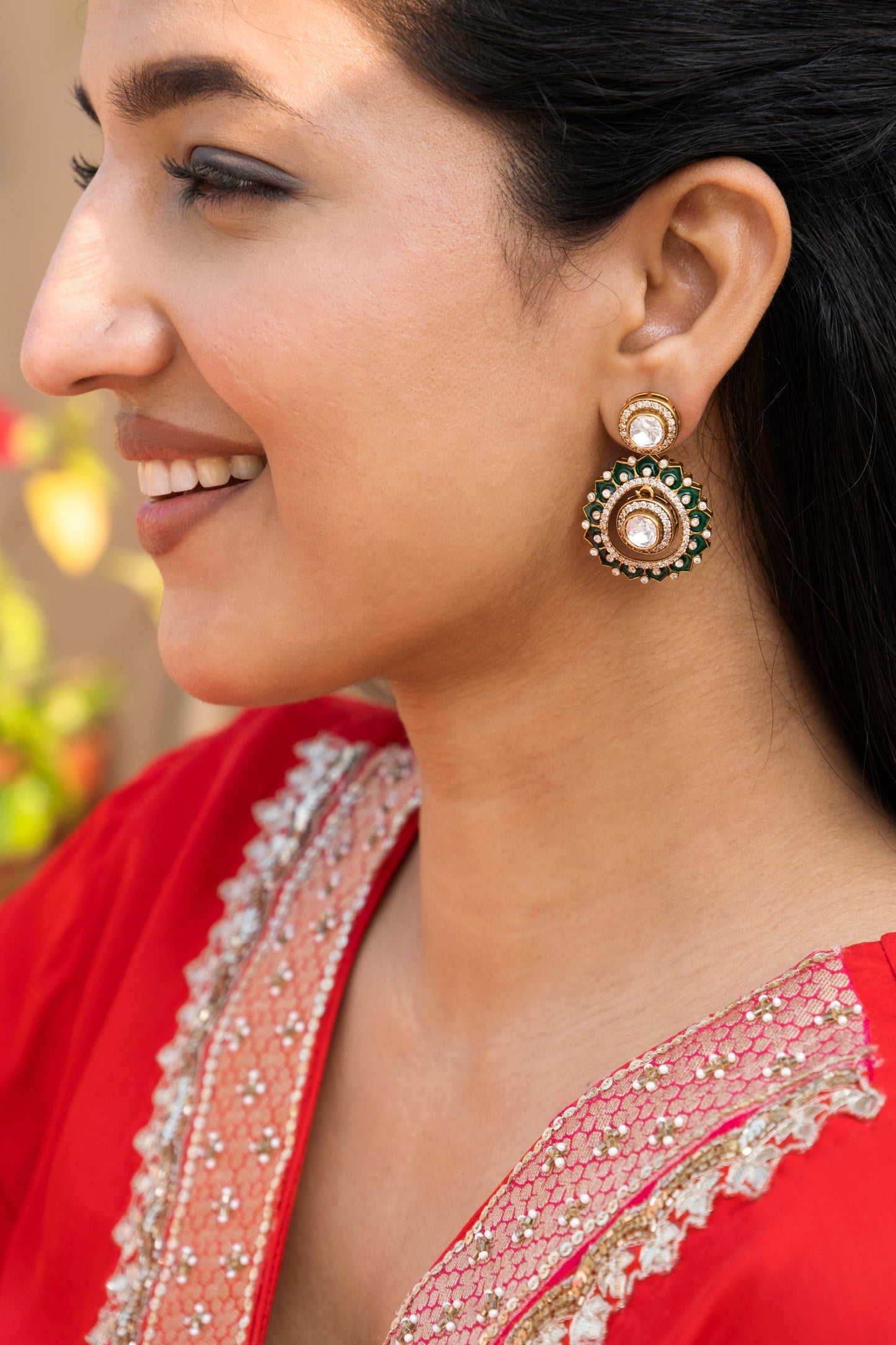 Quessa Green Enamel Polki Earrings