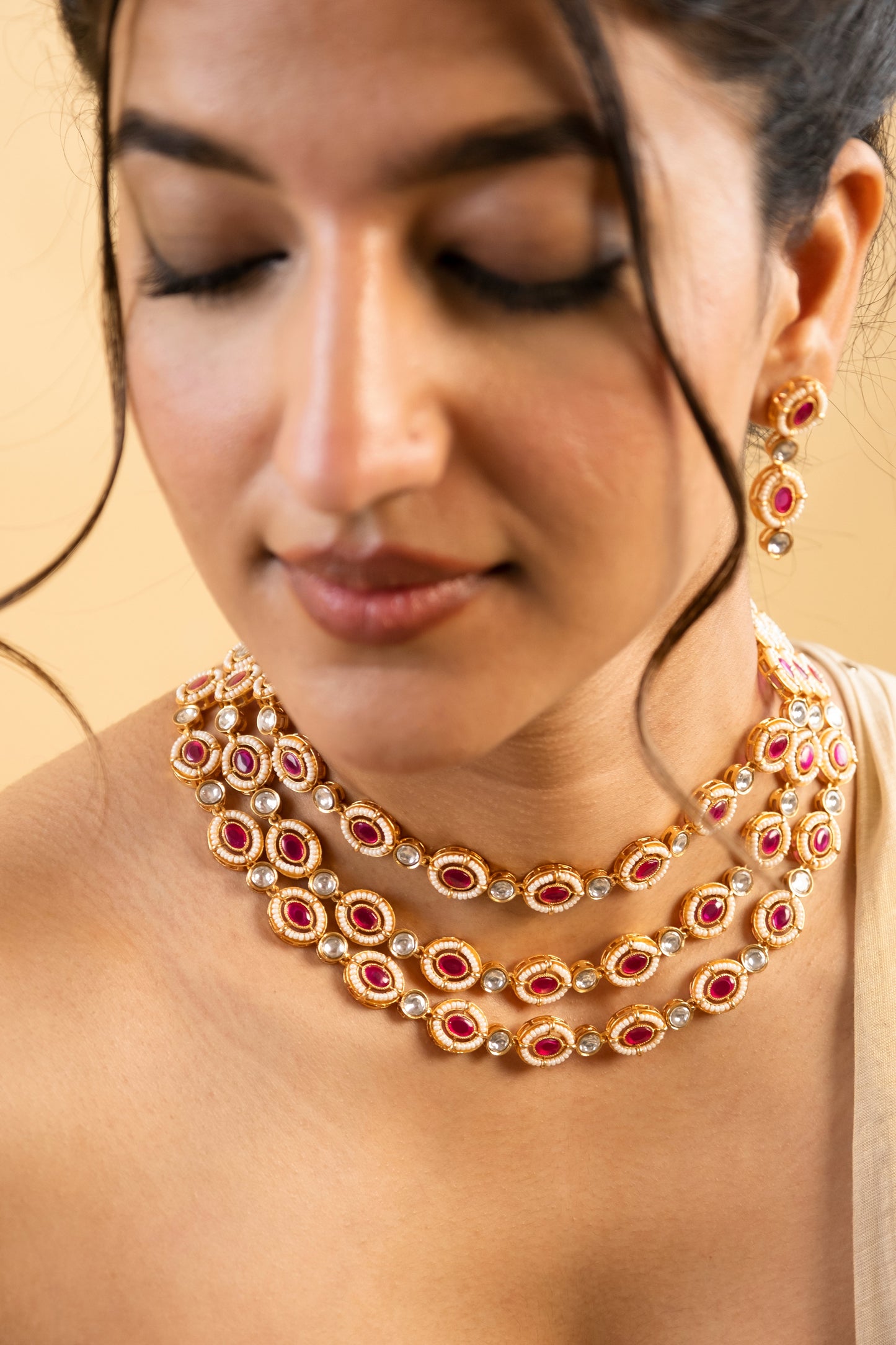 Rabhya 3 Line Ruby Polki & Pearl Necklace Set