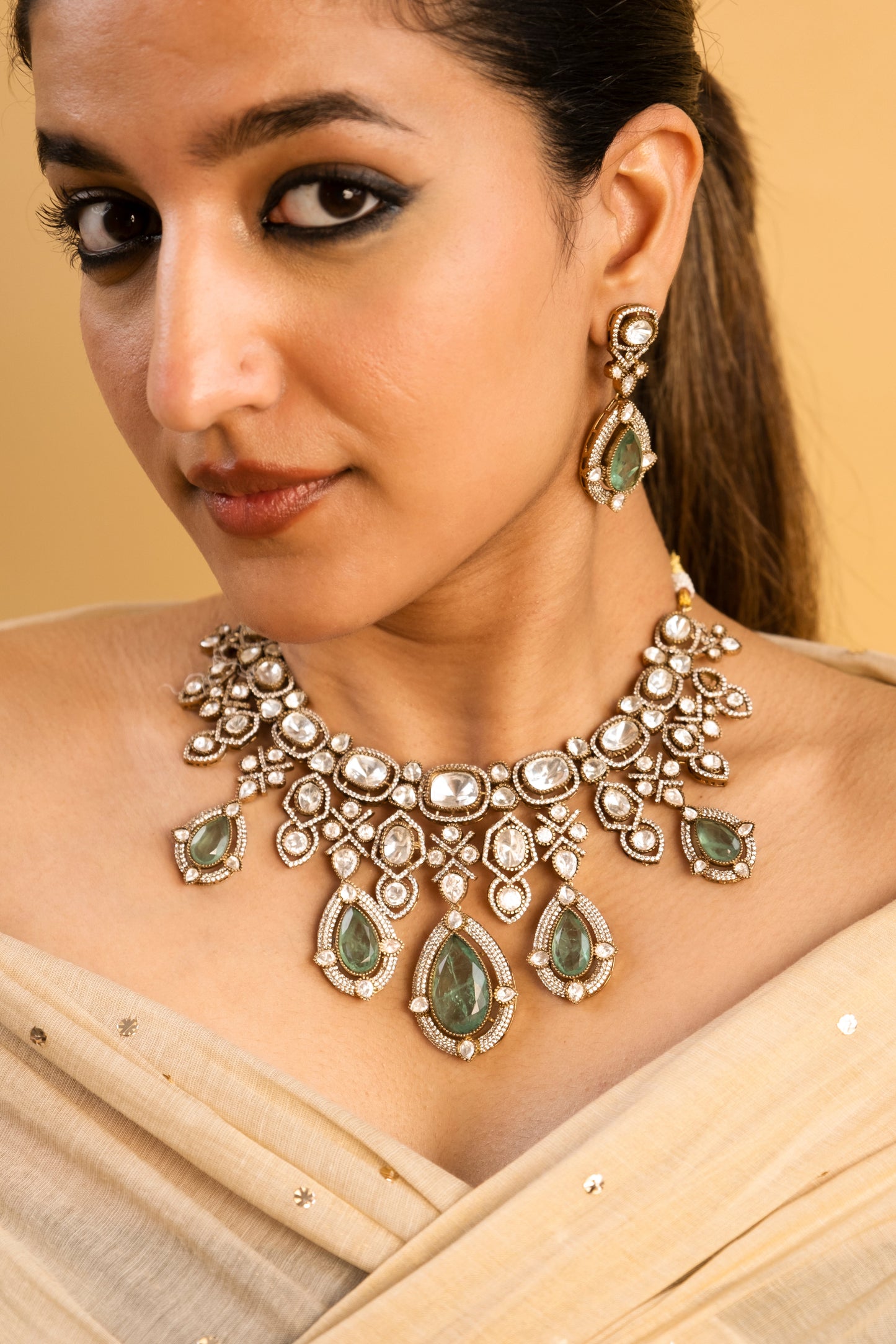 Pre-Order - Tithi Emerald Polki Necklace Set