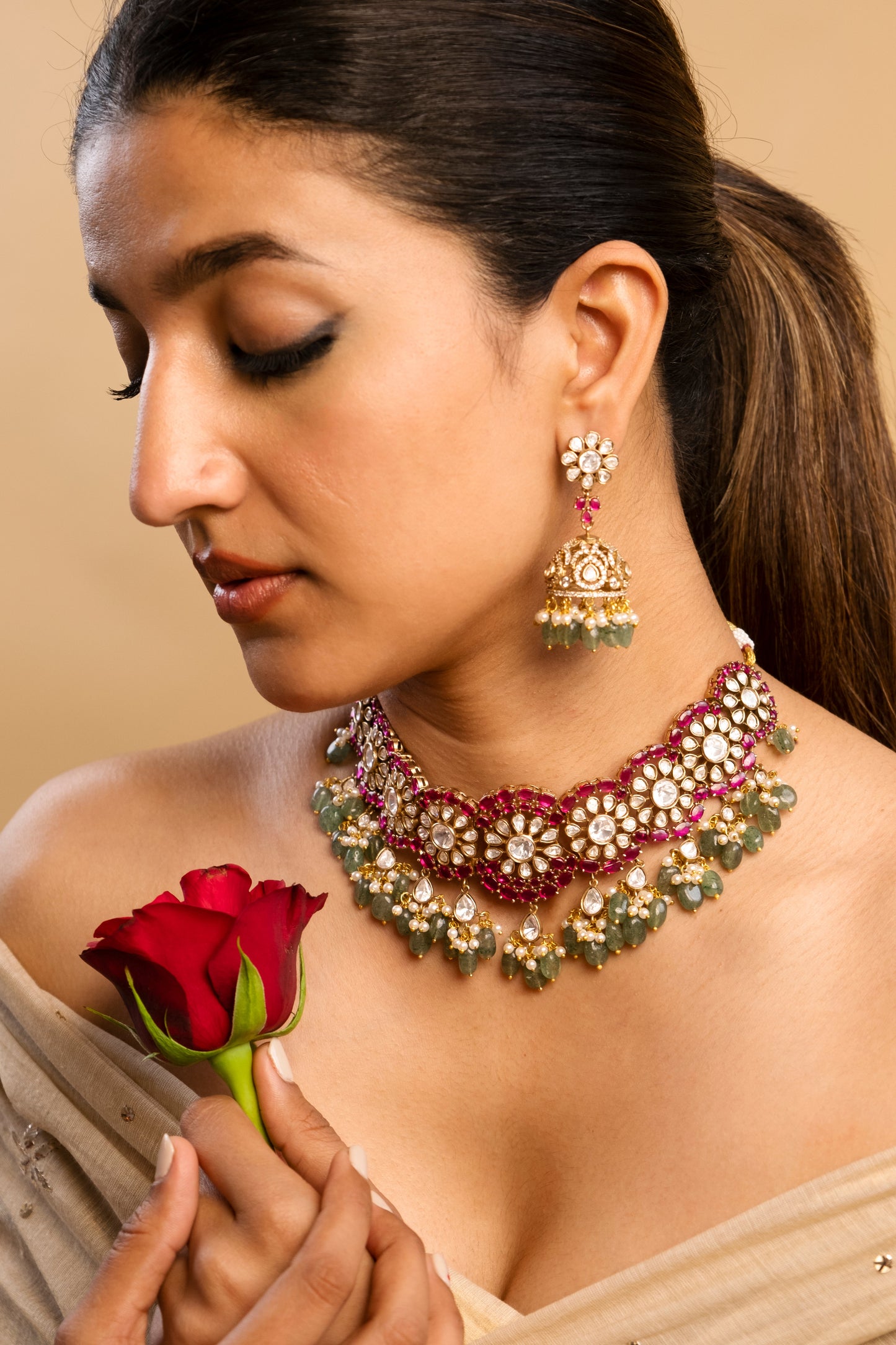 Gulistaan Ruby Emerald Necklace Set- Made to Order