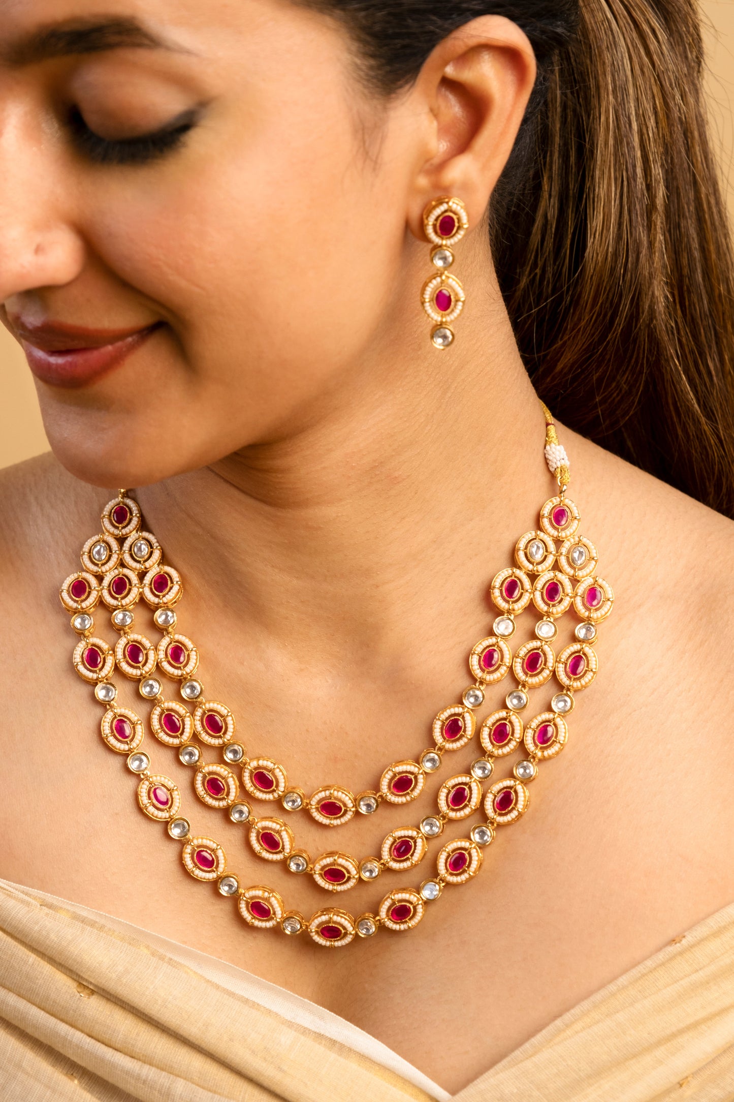 Rabhya 3 Line Ruby Polki & Pearl Necklace Set