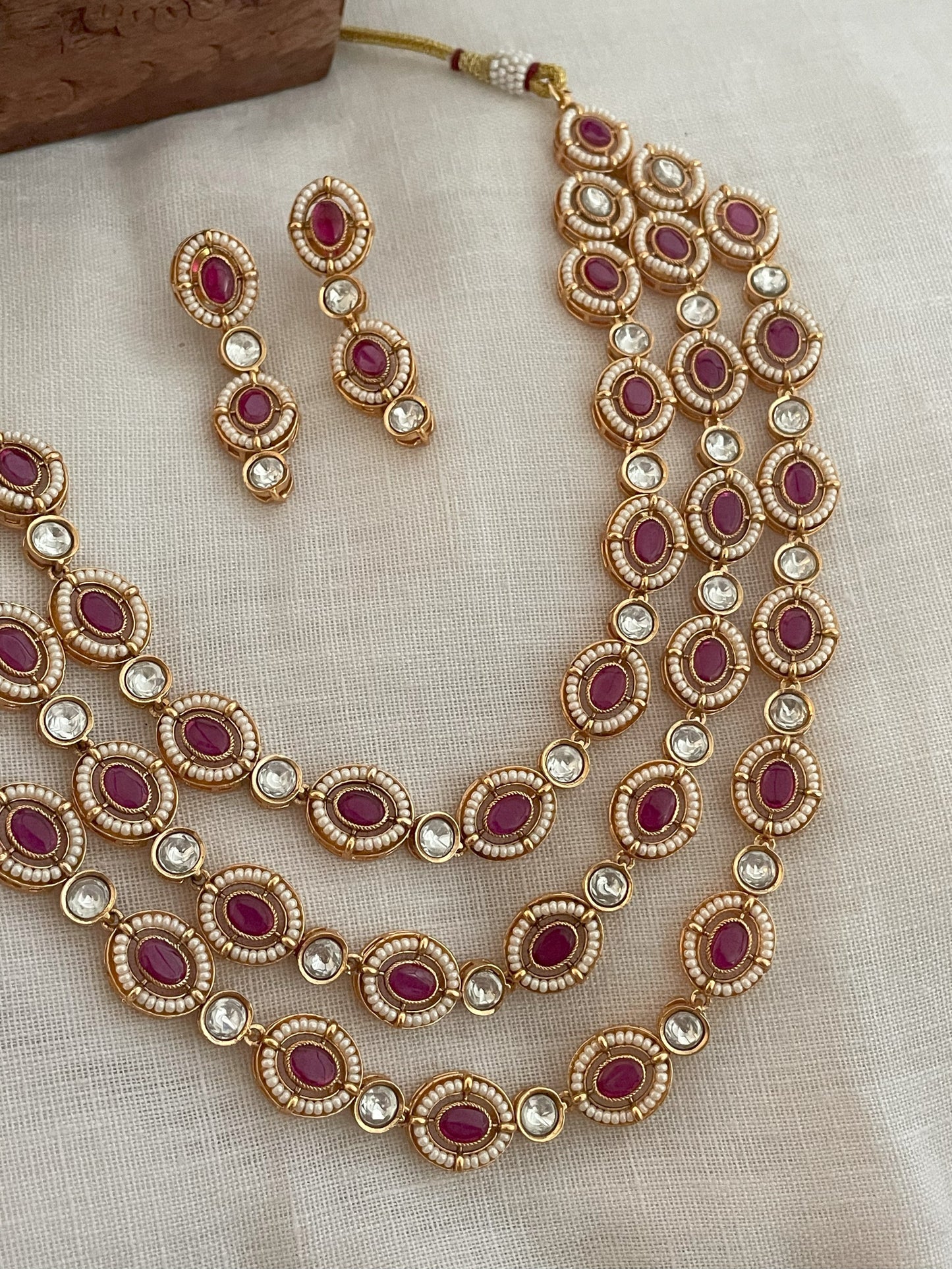 Rabhya 3 Line Ruby Polki & Pearl Necklace Set