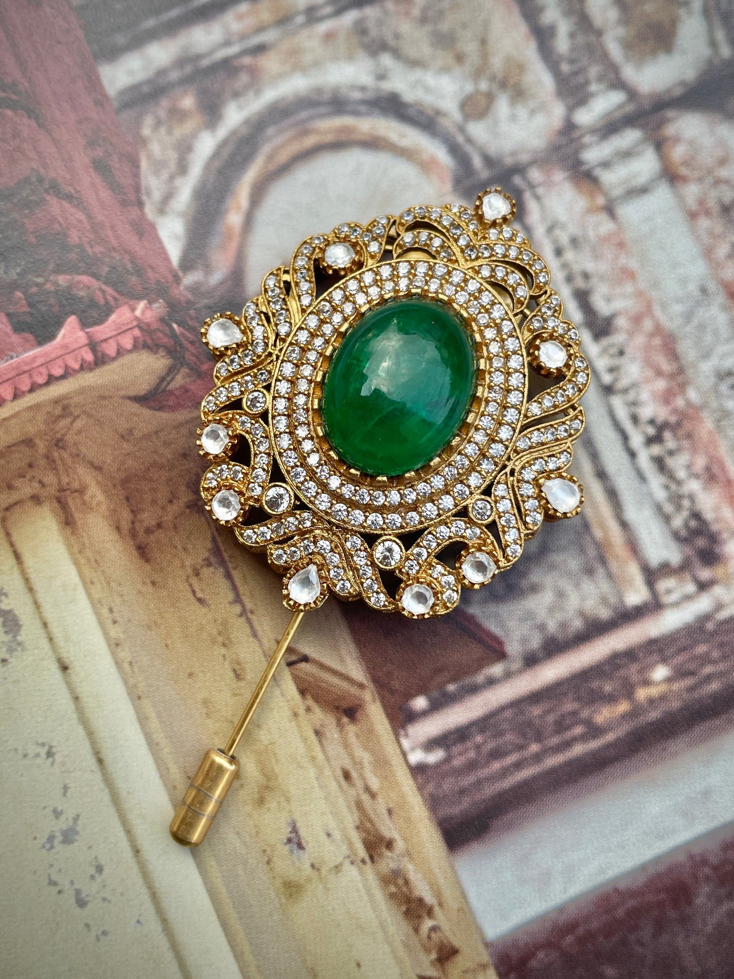 Dhwaj Emerald and Zircon Lapel Pin