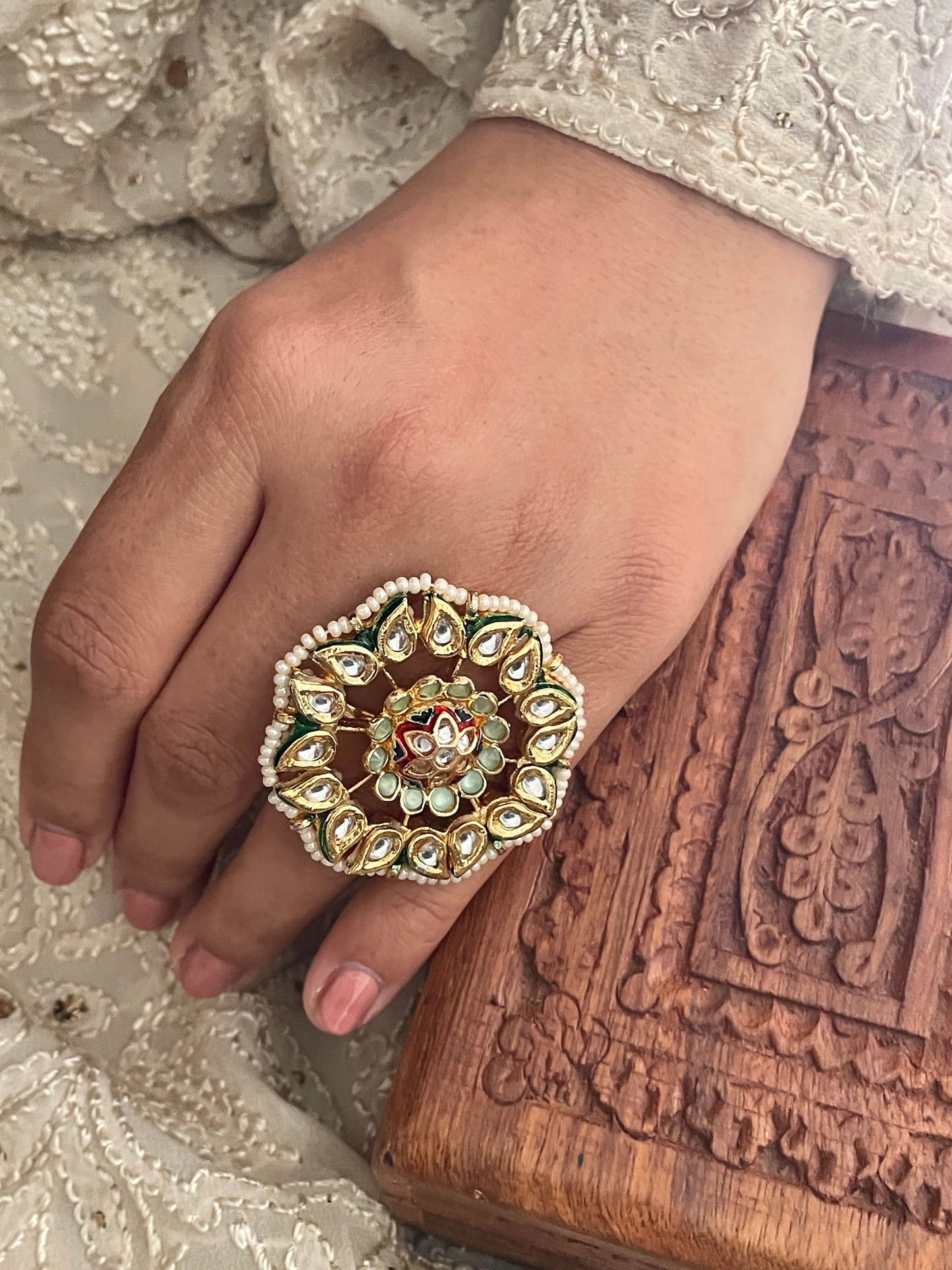 Leher Kundan Adjustable Ring