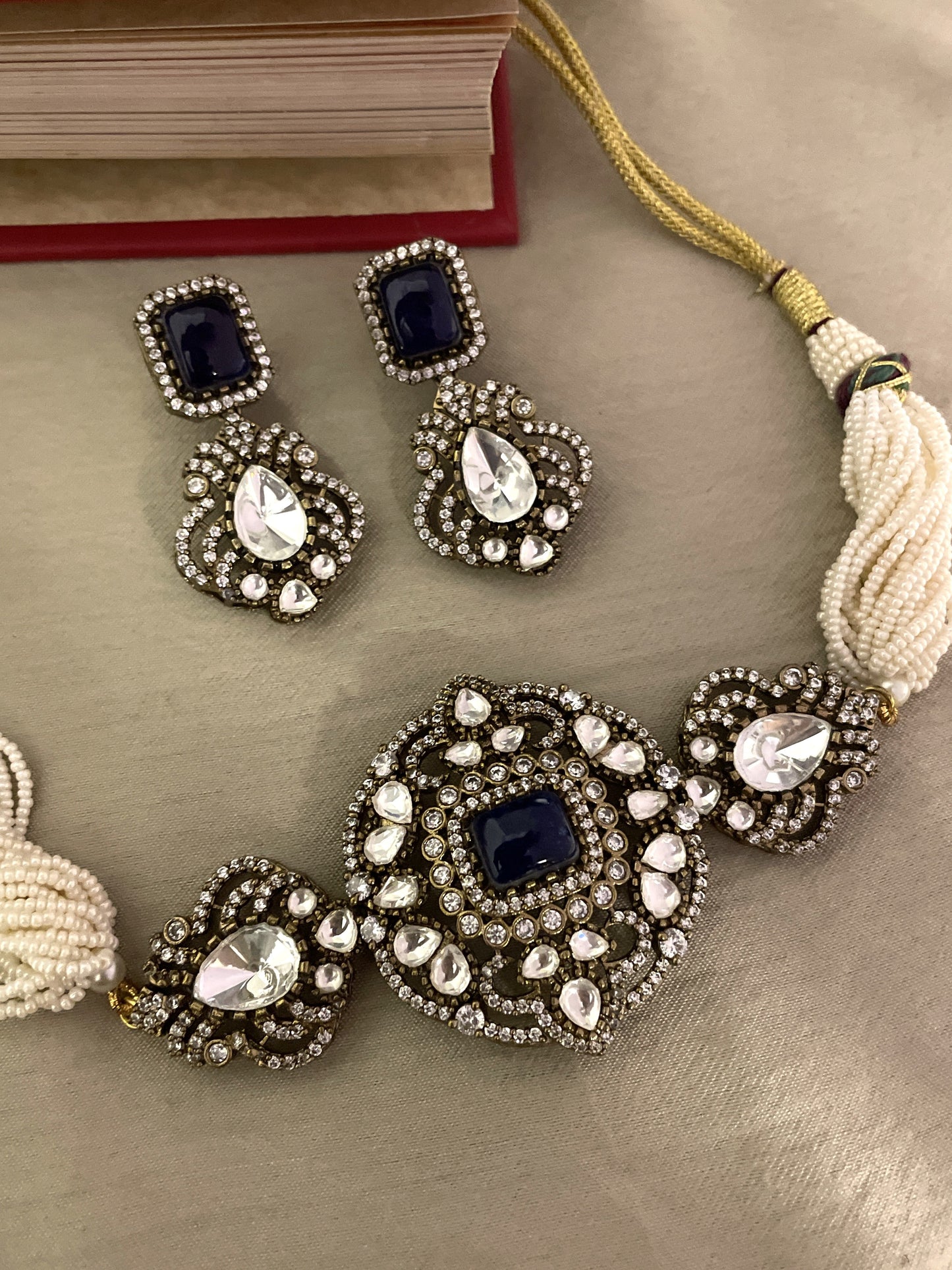 Jharoka Blue Victorian Choker Necklace Set