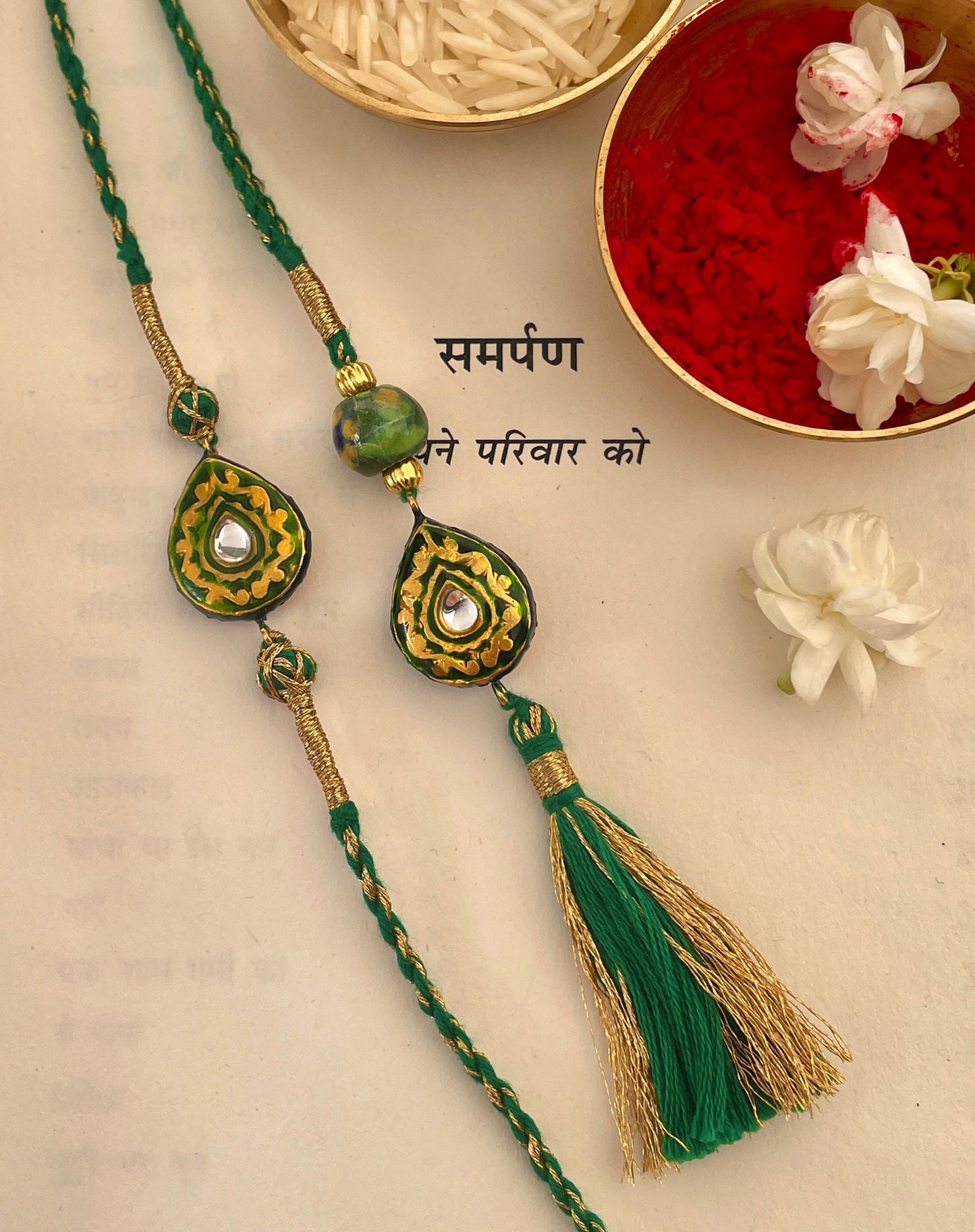 Pre Order - Rishta Green Thread Reversible Rakhi and Lumba Set