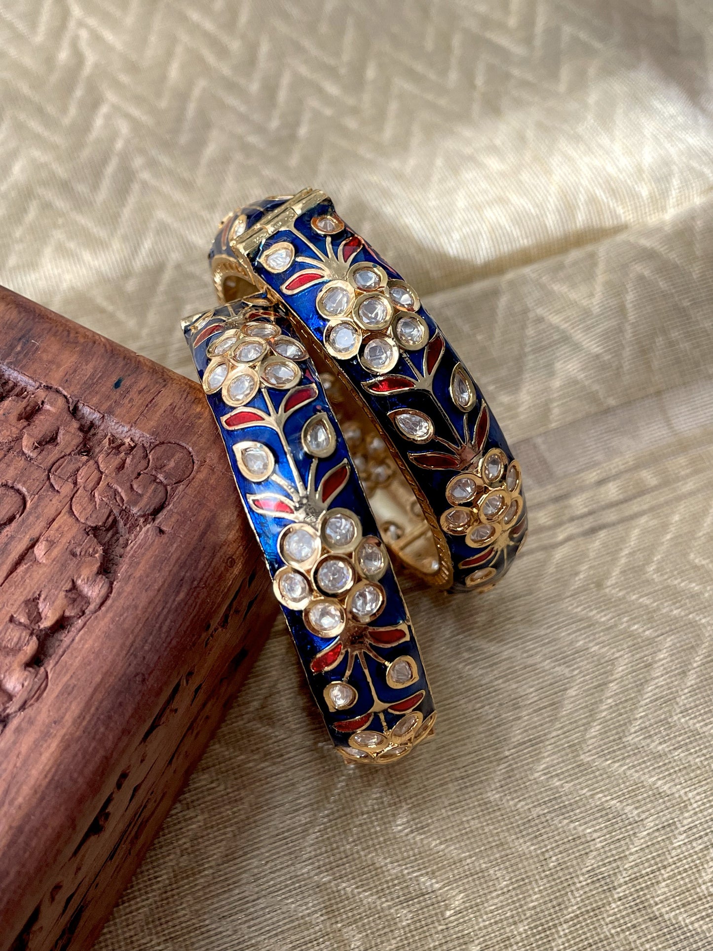 Niharika Blue Enamel & Polki Openable Bangles