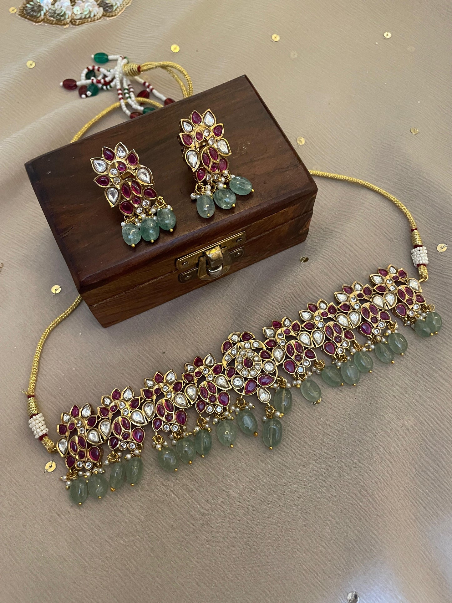 Pre Order – Maheep Polki Necklace Set - Pink