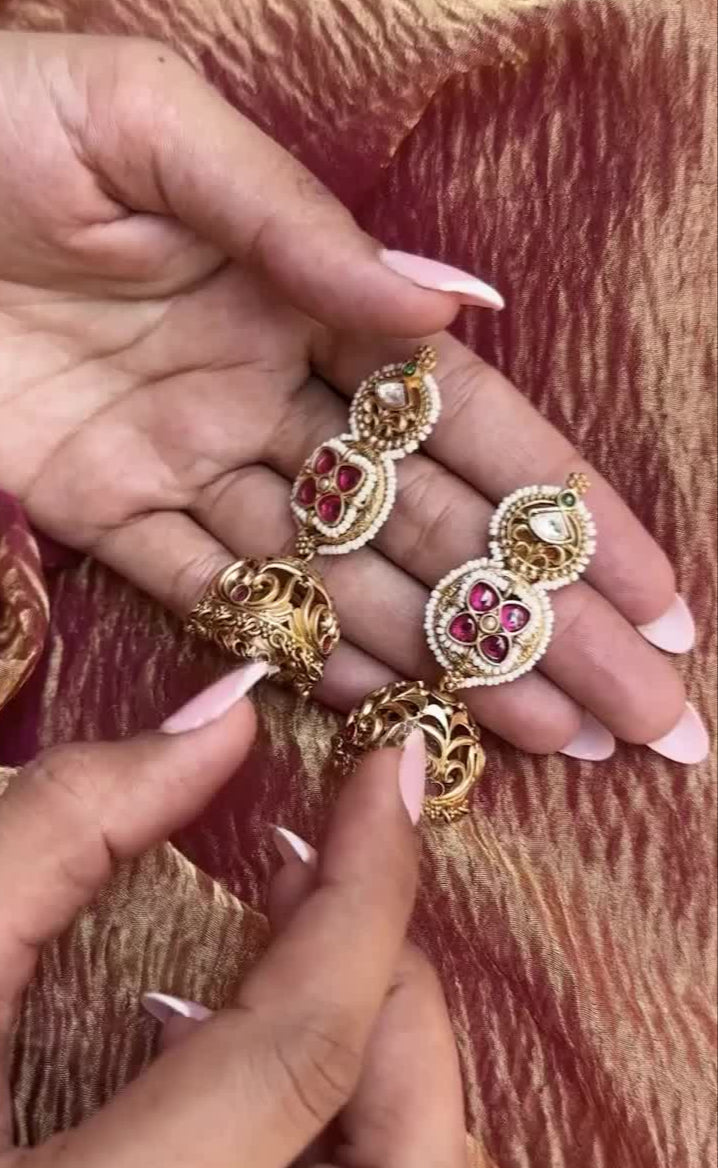 Chenab Antique Jhumki Earrings in Red