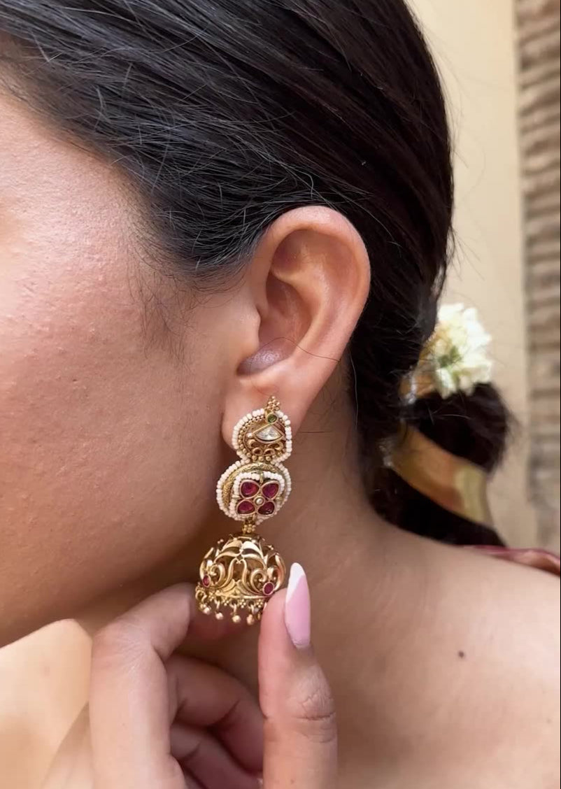 Chenab Antique Jhumki Earrings in Red