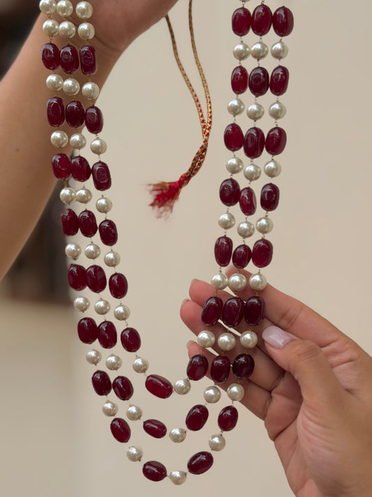 Swastik Red Onyx and Pearl Mala Necklace