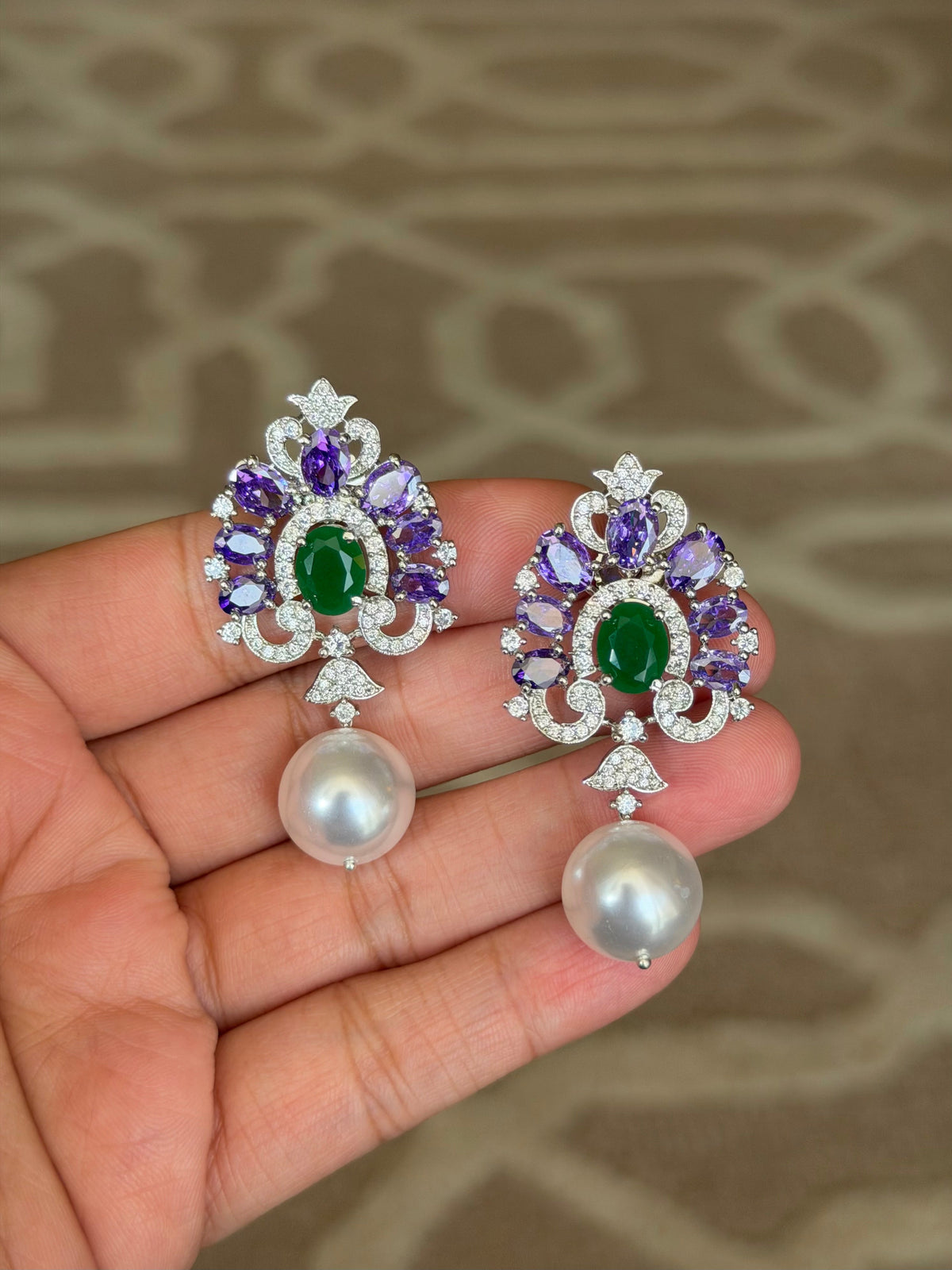 Parnika Amethyst & Emerald Blue Green Zircon Real Gold Look Earrings