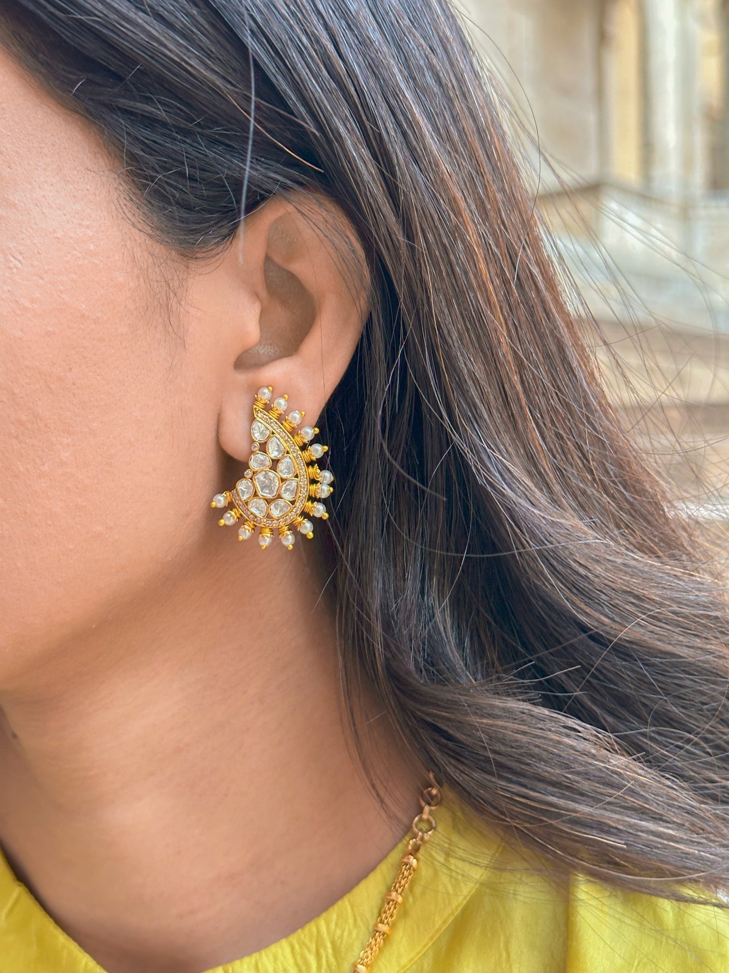 Surya Polki and Pearl Stud Earrings
