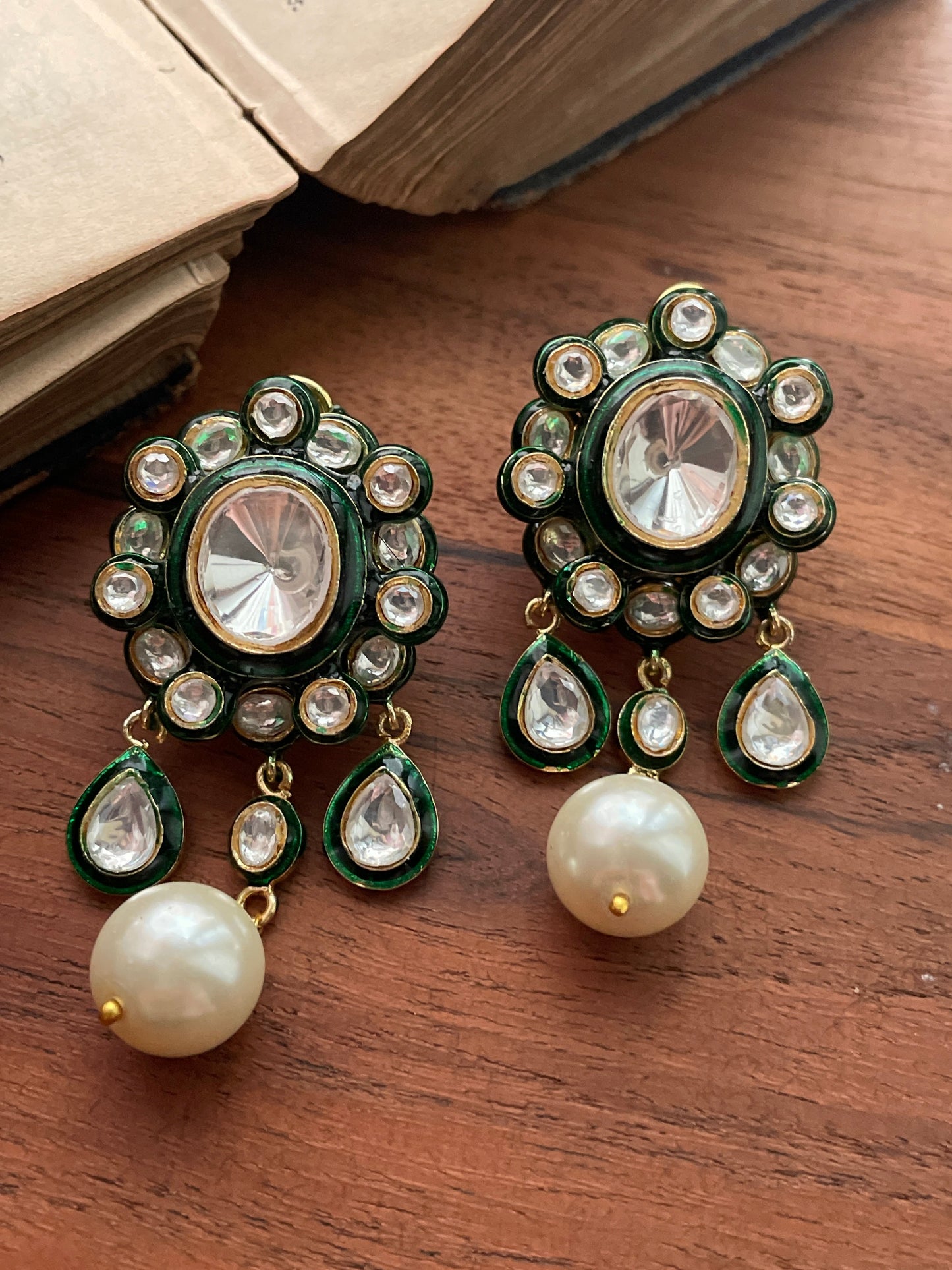 Raji Green Enamel Polki Earrings