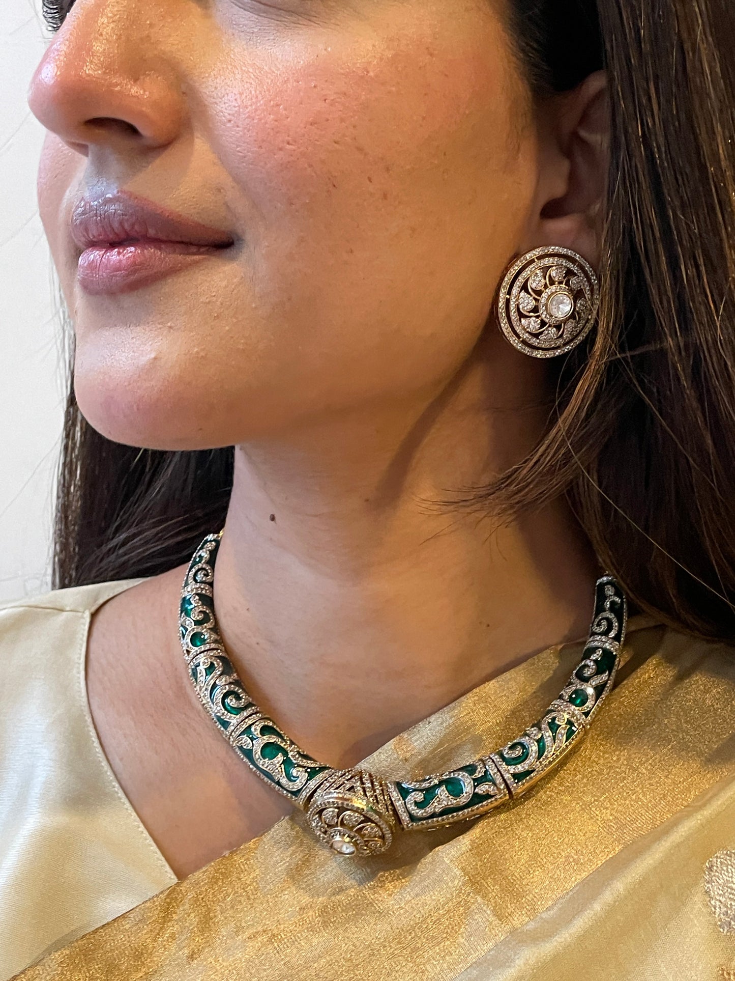 Ruia Polki Green Meenakari Hasli