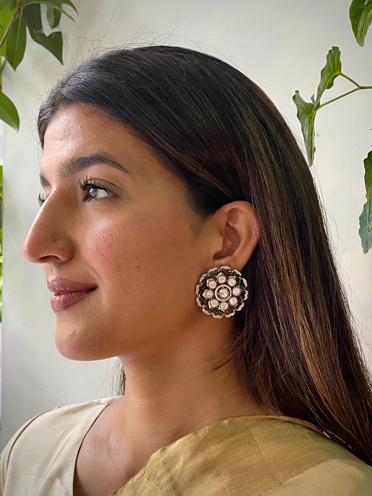 Jharna Round Emerald Studs