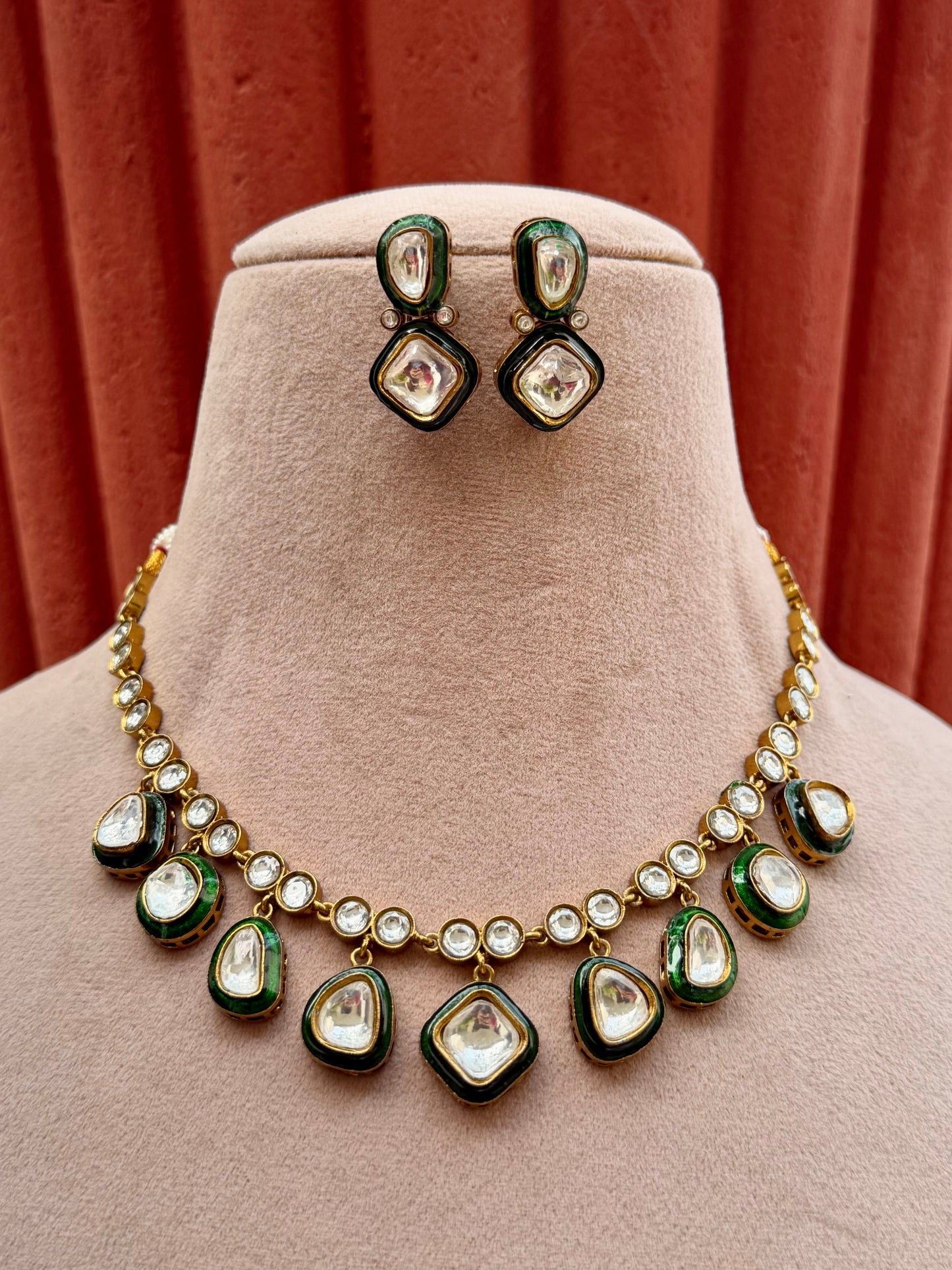 Rawla Green Enamel Polki Necklace Set