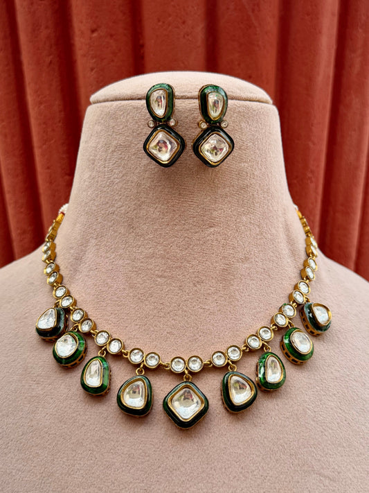 Rawla Green Enamel Polki Necklace Set