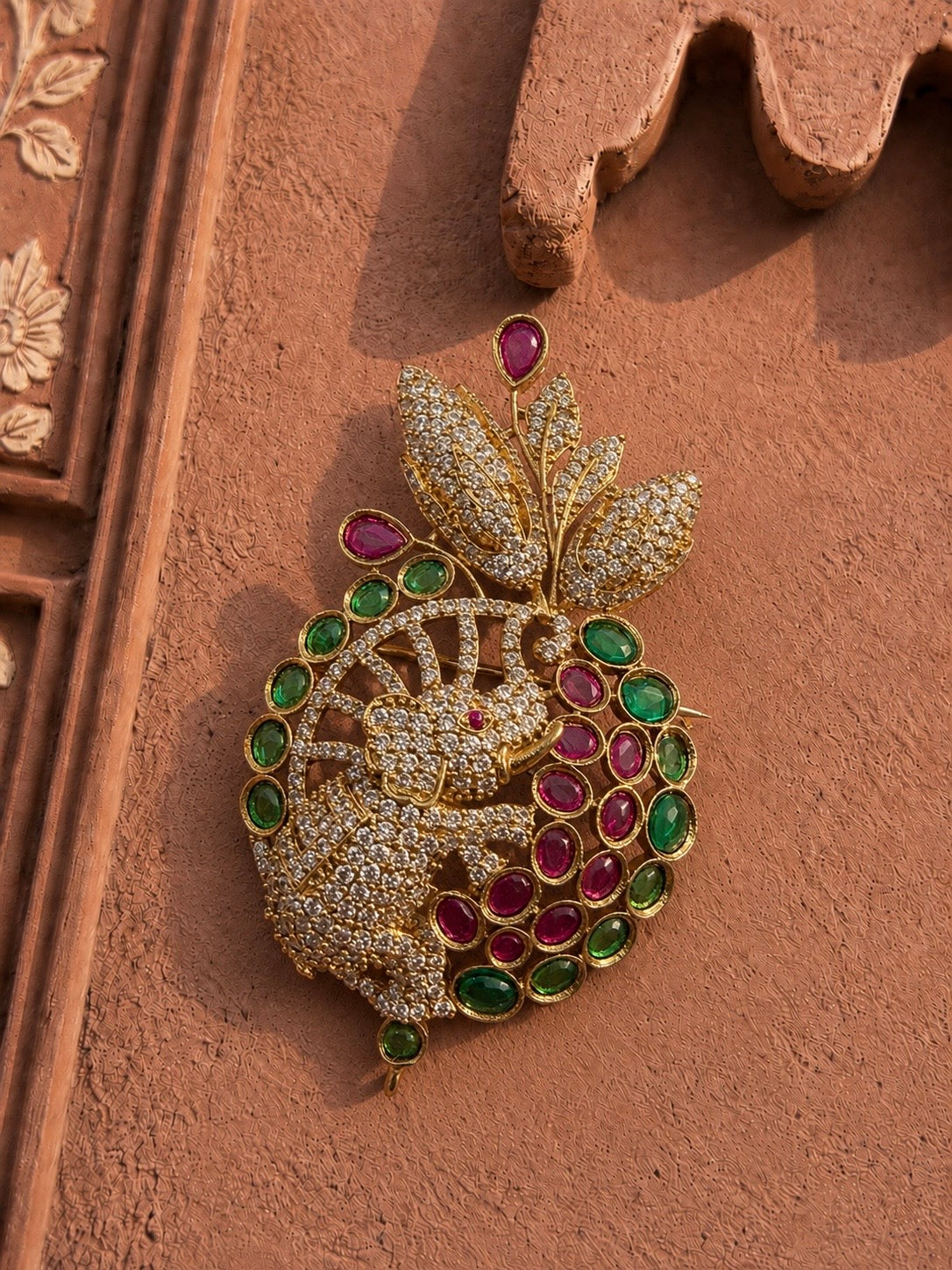 Aritra Premium American Diamond Brooch with Green Emerald and Red Ruby for Wedding and Festive Wear.