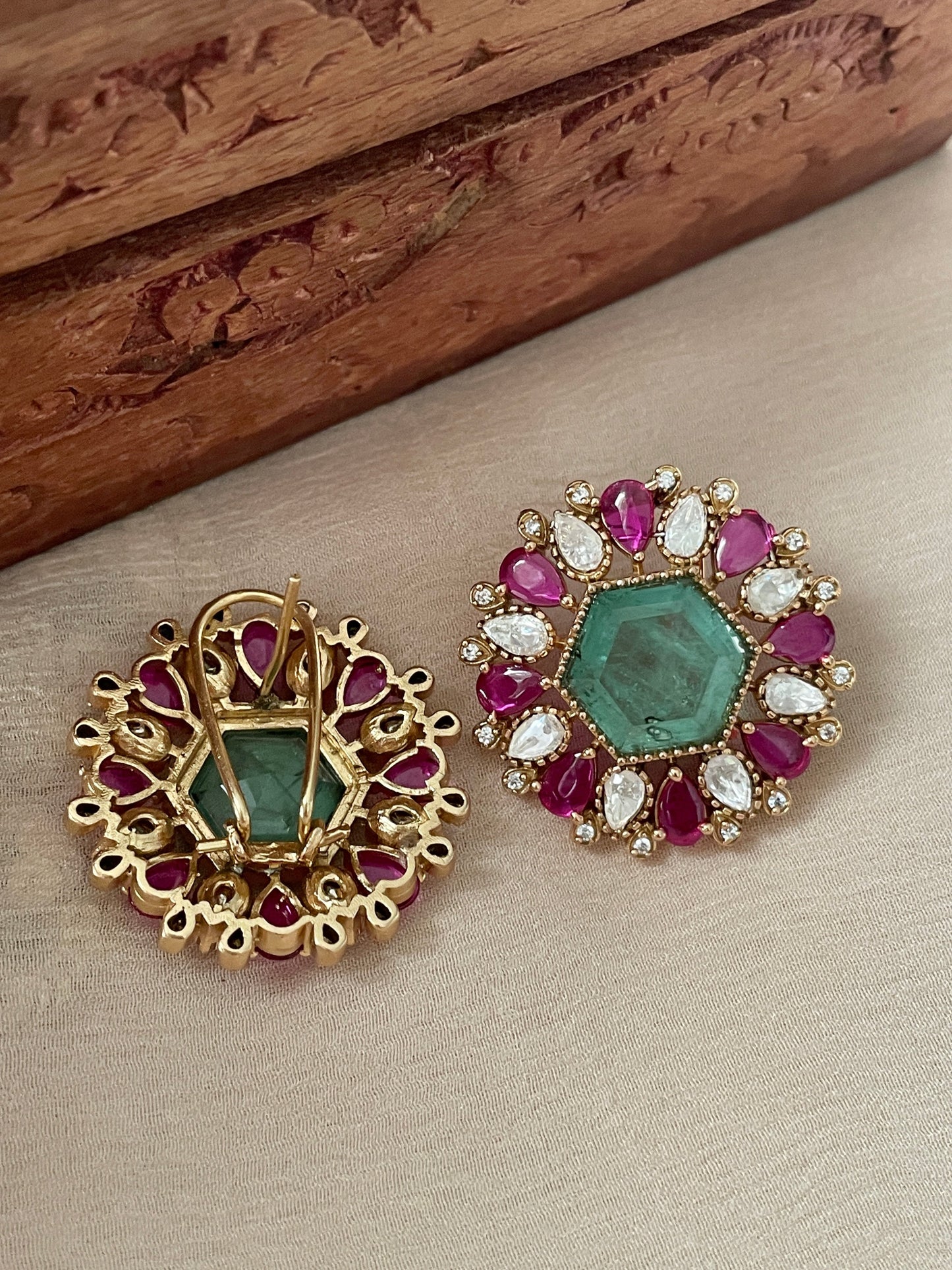Ameen Emerald Ruby Stud Earrings