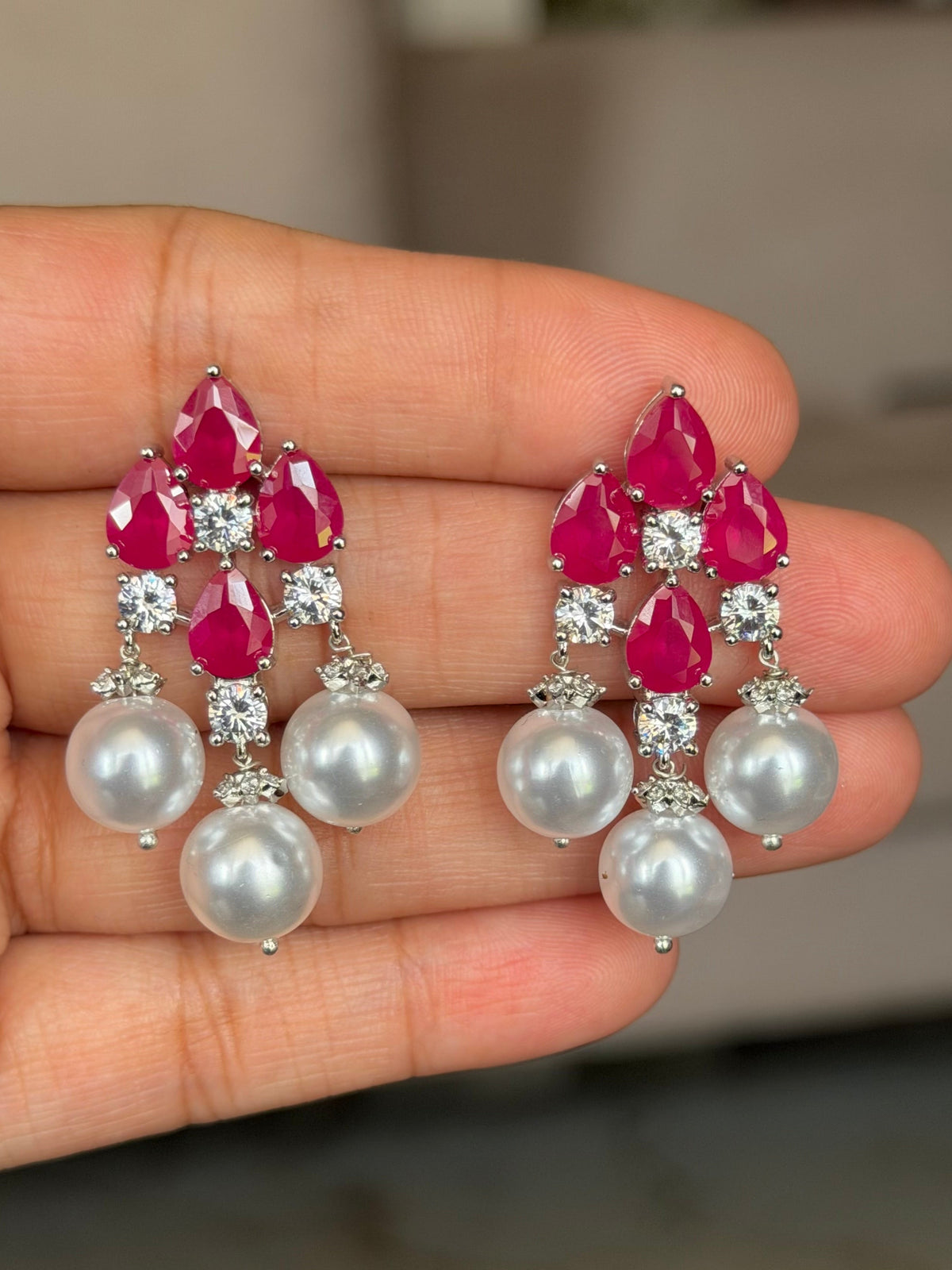 Nidhi Ruby Red Diamond & Pearl Drop Real Gold Look Earrings