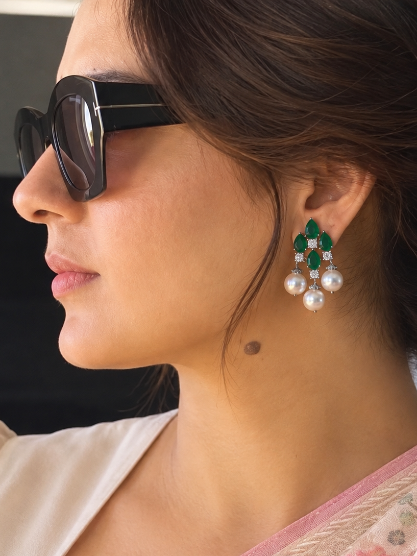 Nidhi Emerald Green Diamond & Pearl Drop Real Gold Look Earrings