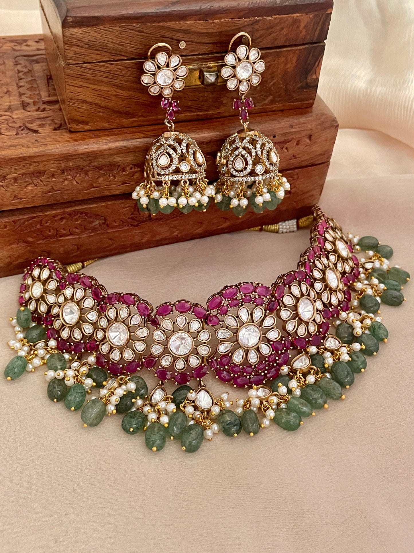 Gulistaan Ruby Emerald Necklace Set- Made to Order