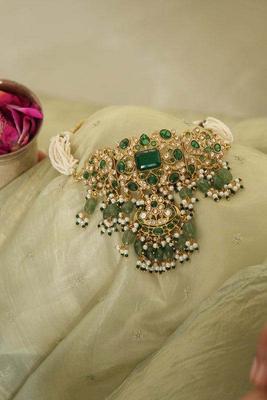 Pre Order - Sahiba Green Stone Polki and Pearl Necklace Set