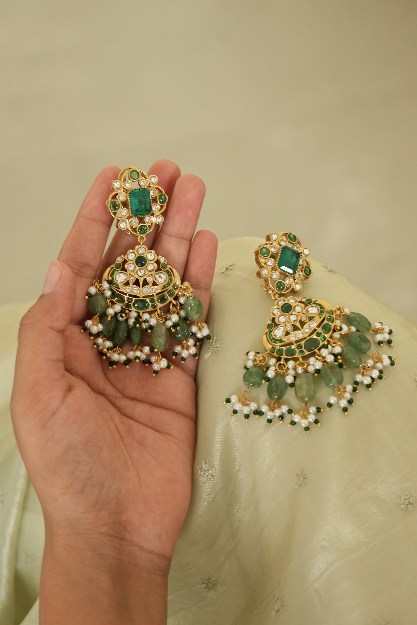 Pre Order - Sahiba Green Stone Polki and Pearl Necklace Set