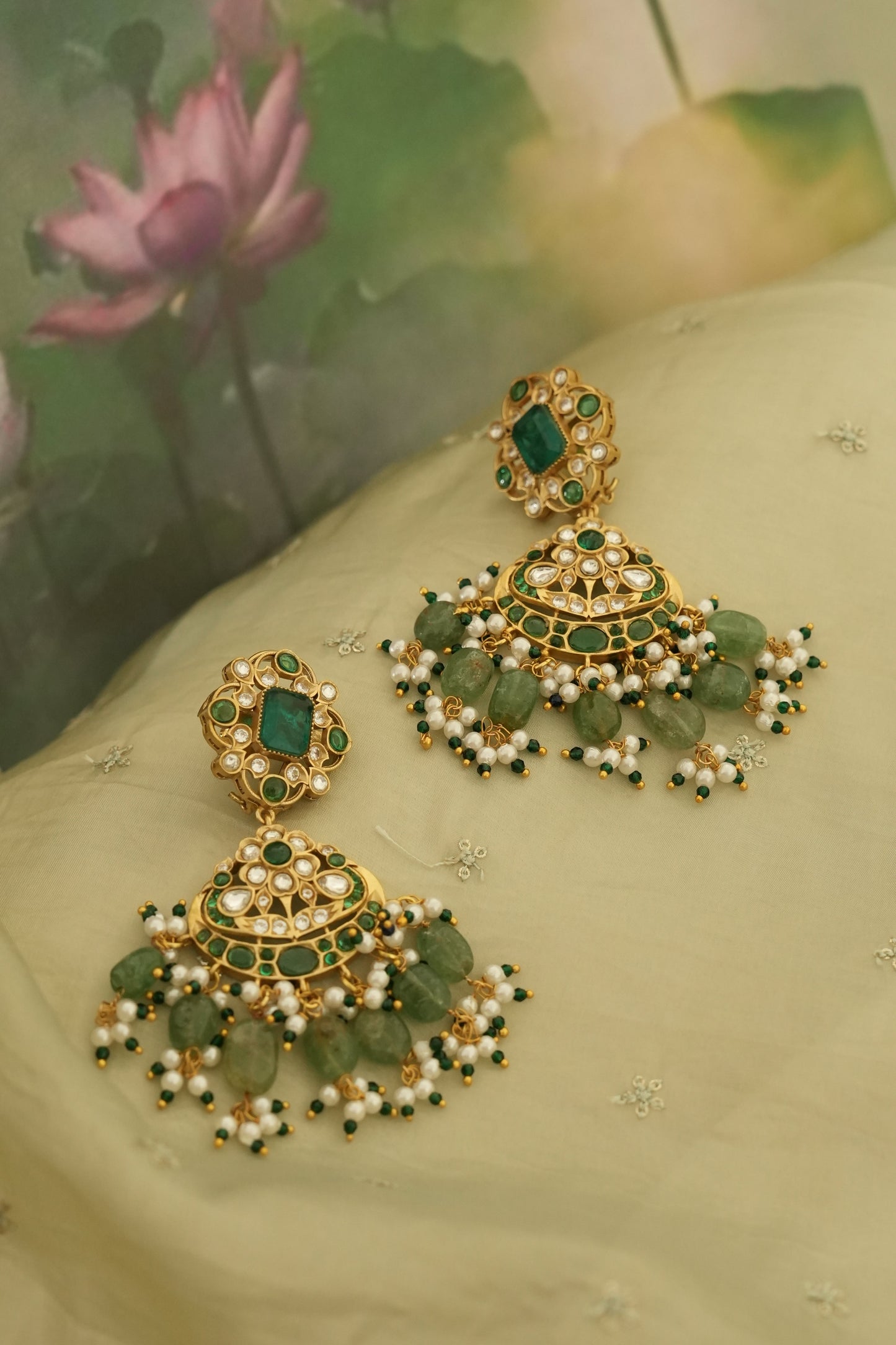 Pre Order - Sahiba Green Stone Polki and Pearl Necklace Set