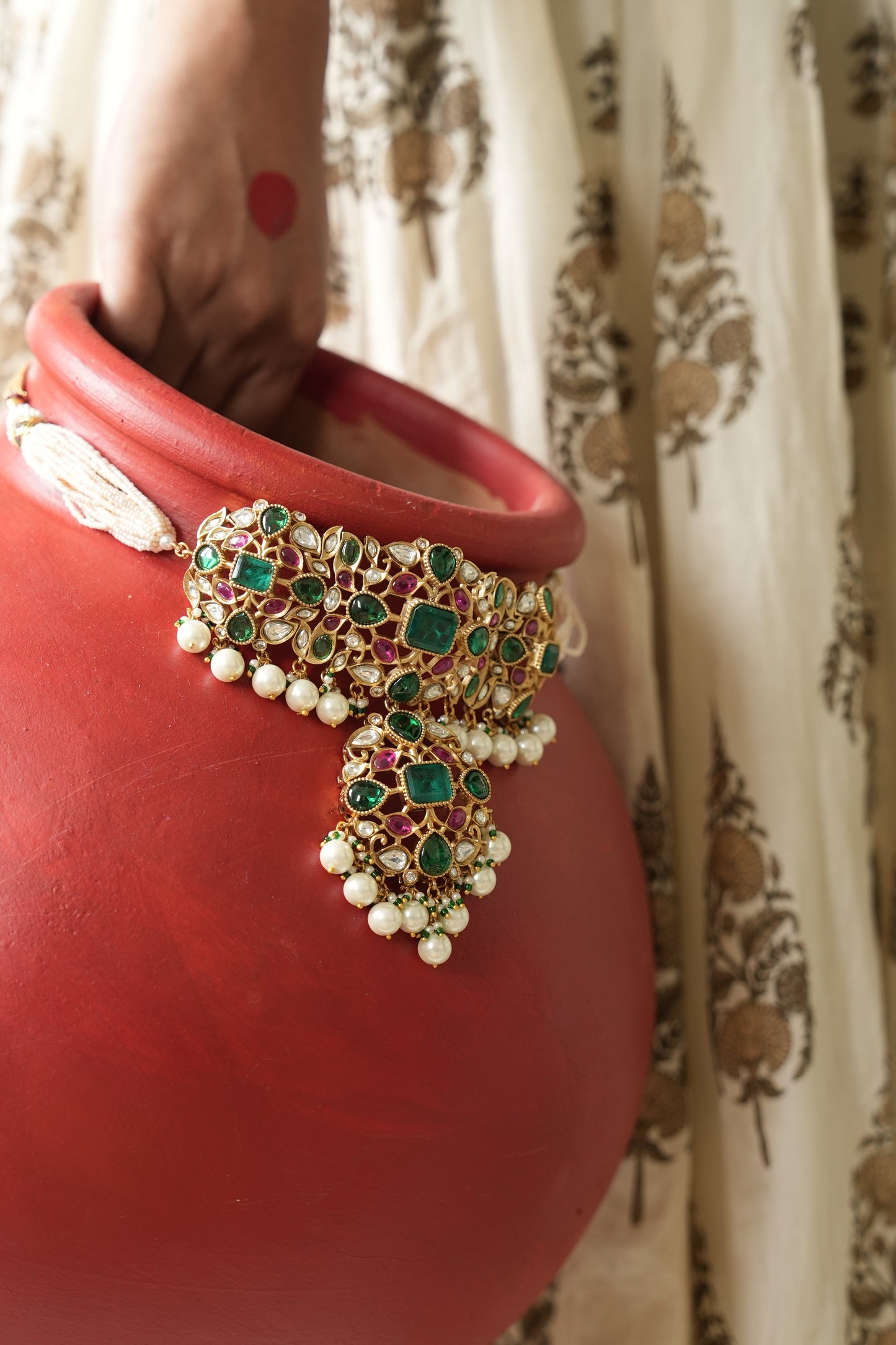Pre Order - Samira Multi Stone Polki and Pearl Necklace Set