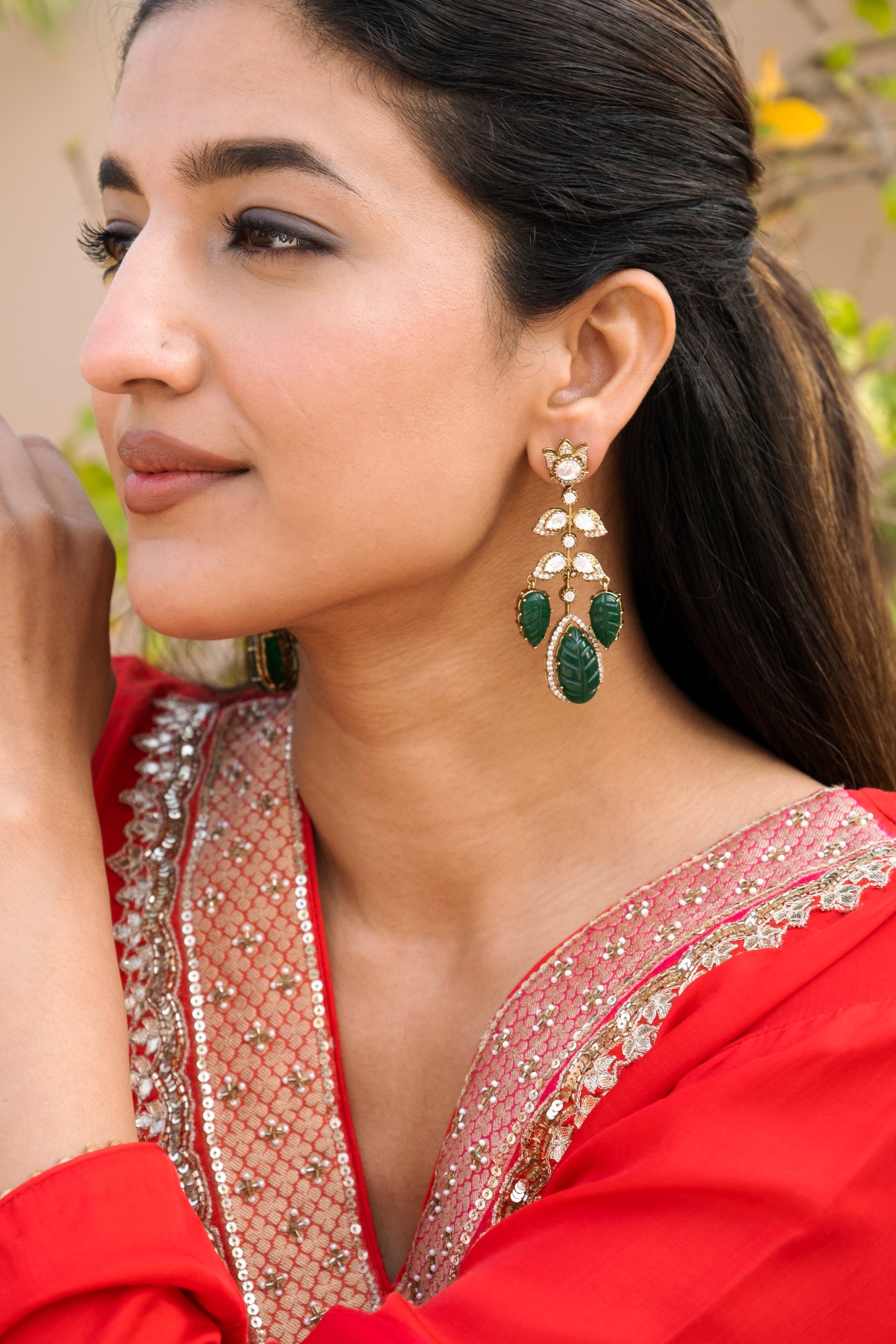 Fariha Polki and Carved Emearld Earrings