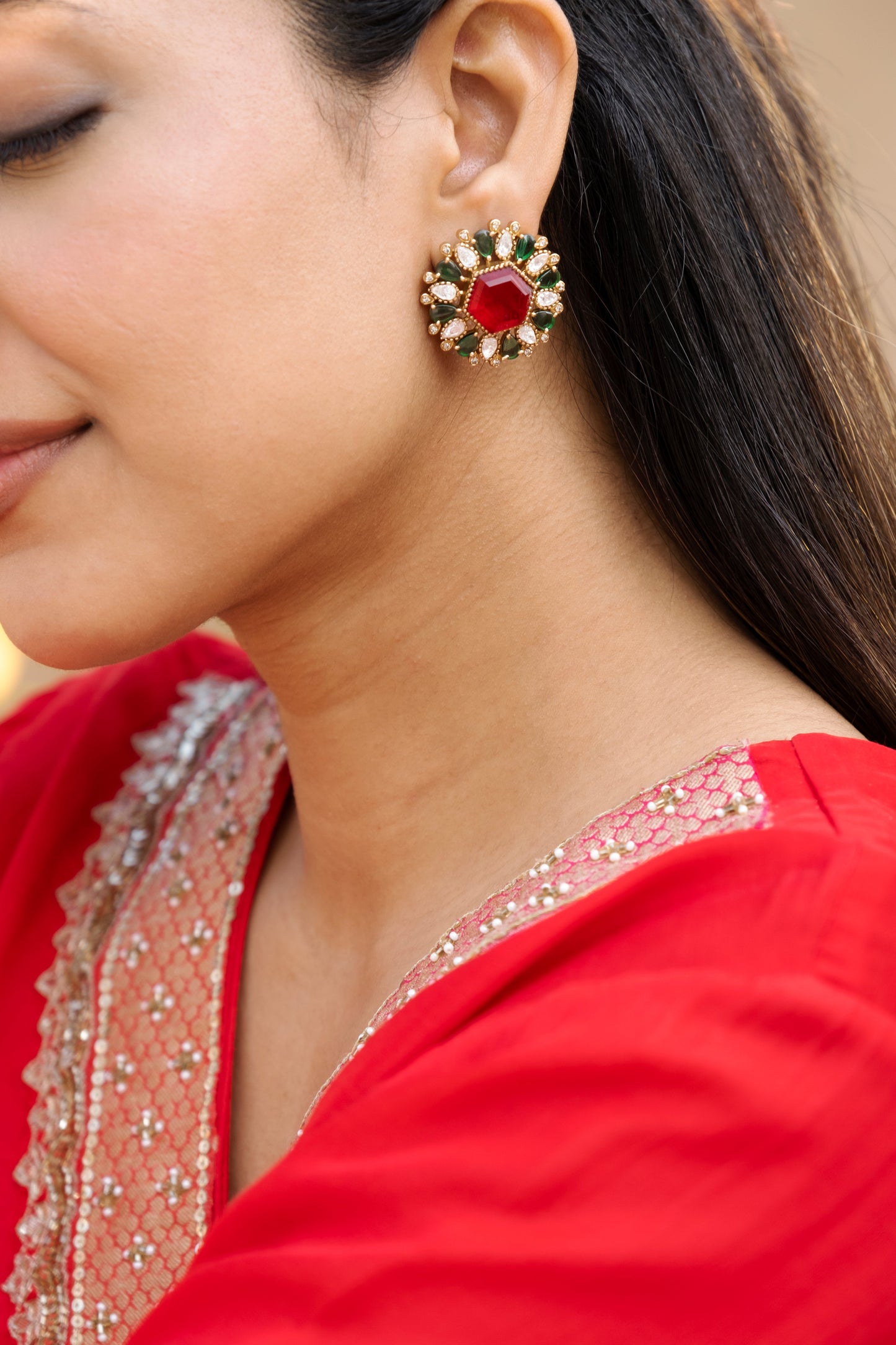 Mishti Ruby Emerald Stud Earrings