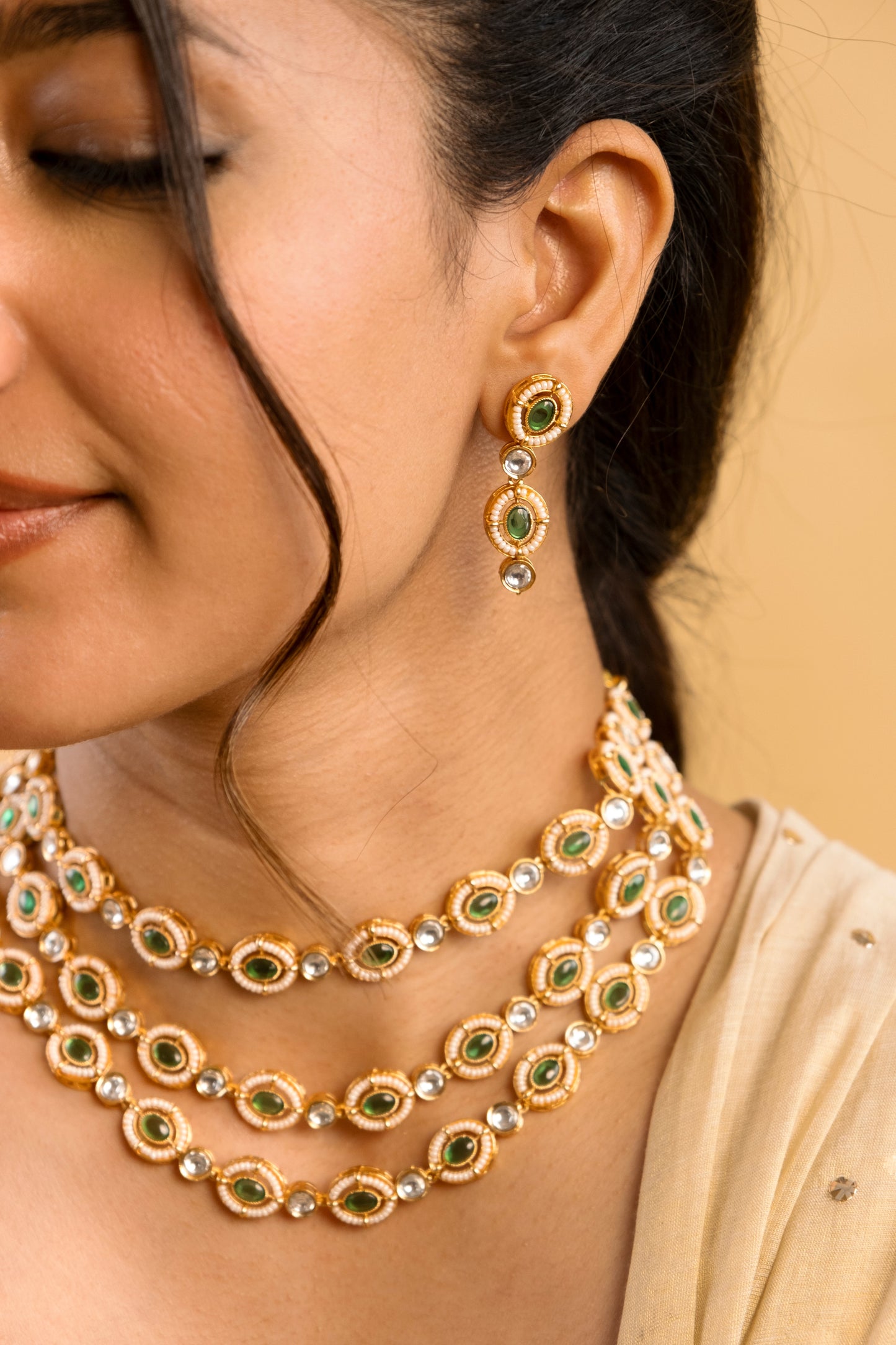Namrata 3 Line Emerald Polki Necklace Set