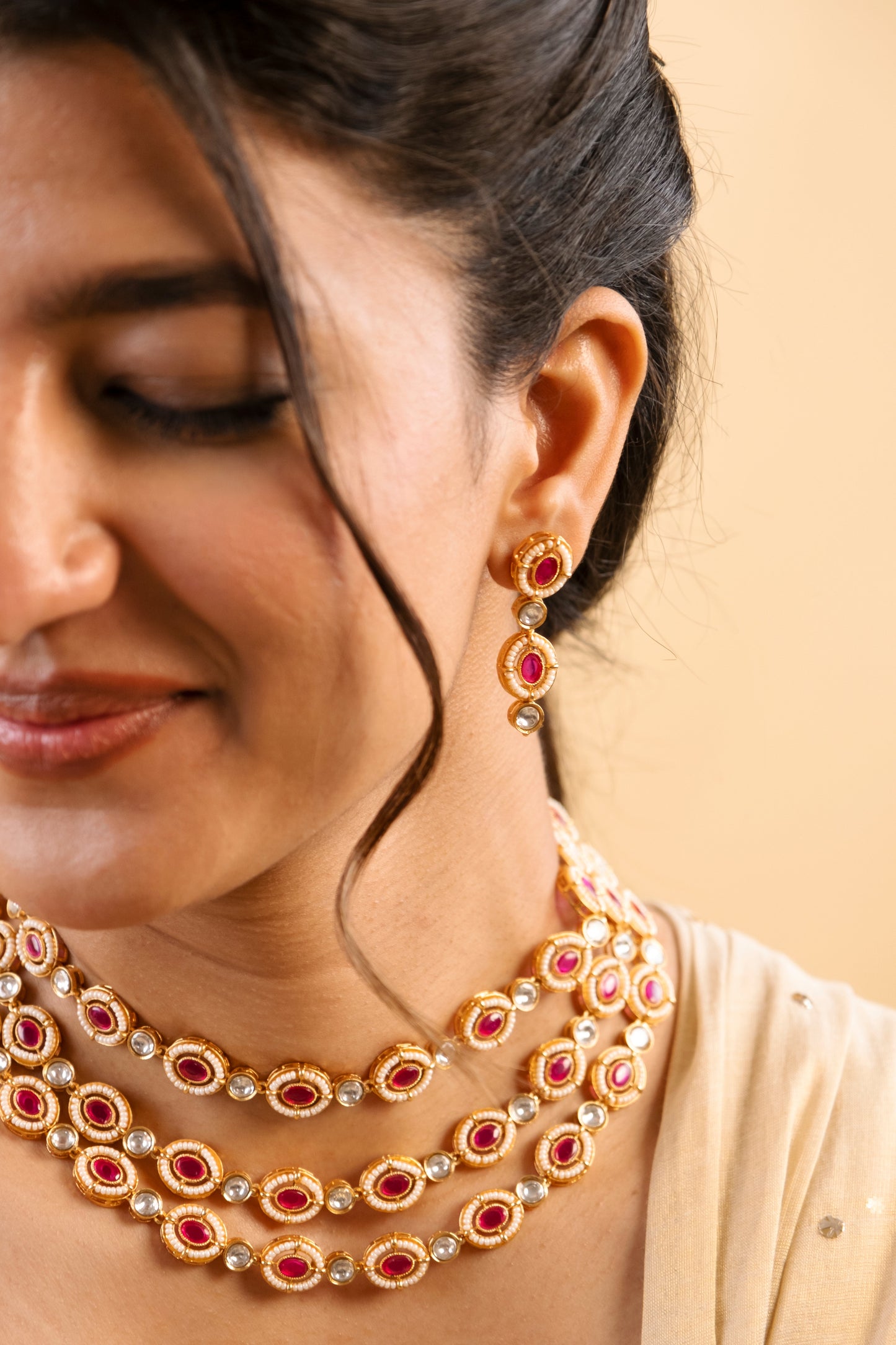 Rabhya 3 Line Ruby Polki & Pearl Necklace Set