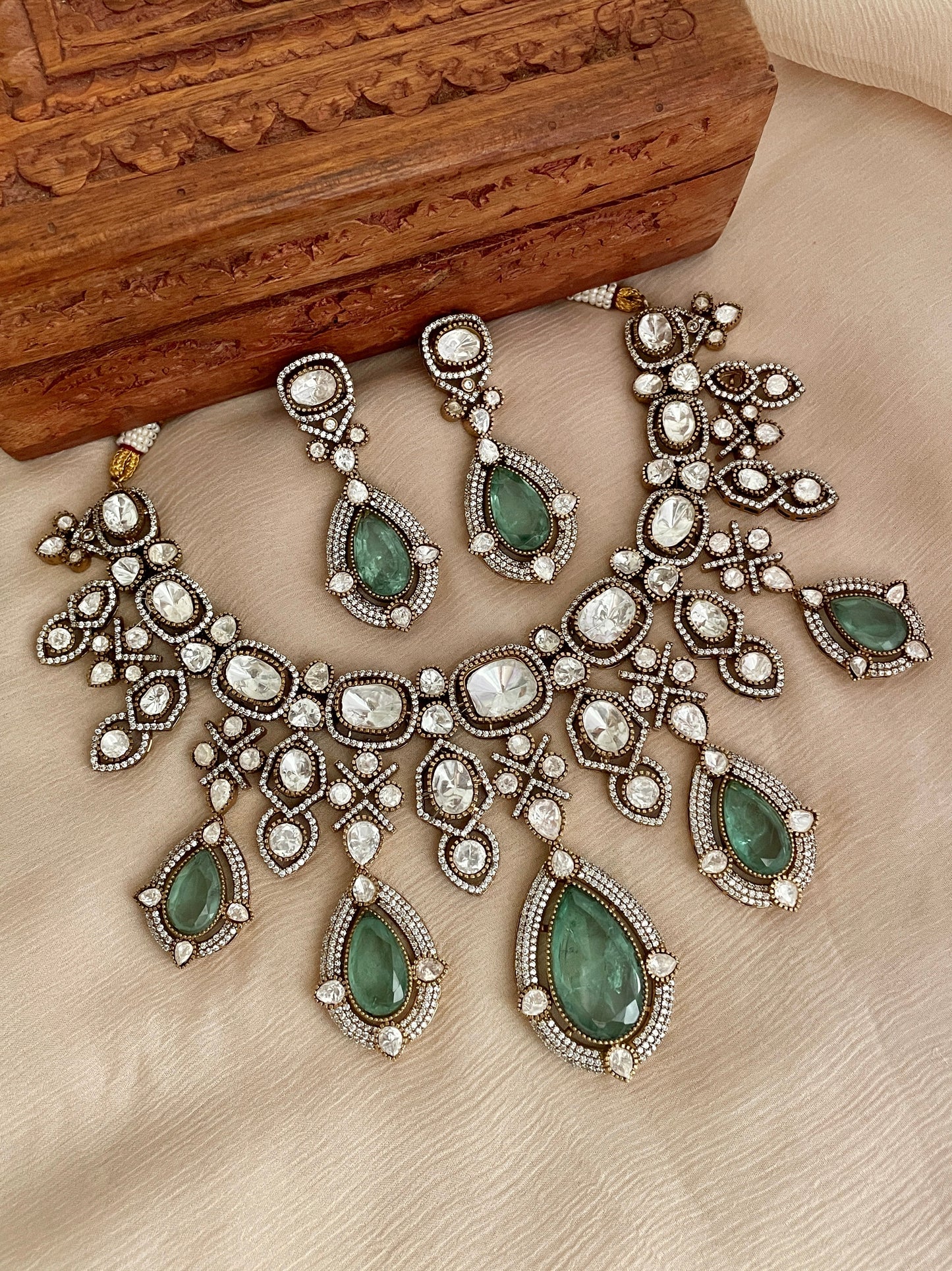 Pre-Order - Tithi Emerald Polki Necklace Set