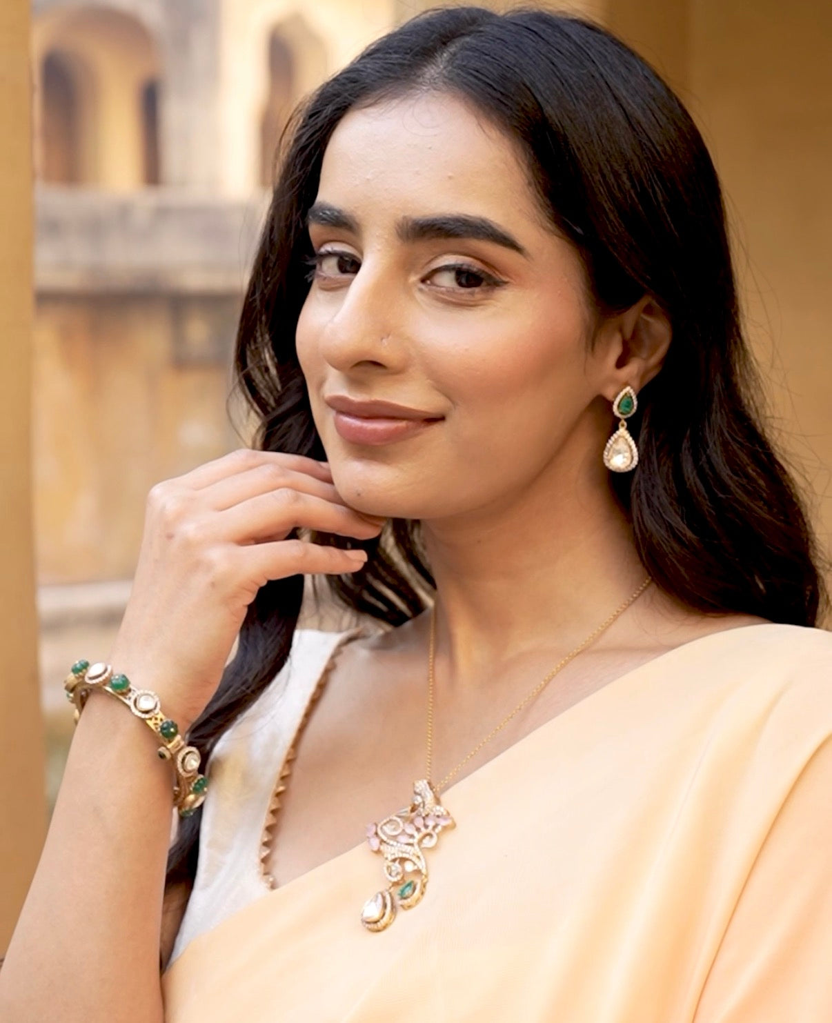 Manmohini Mossanite Polki Pendant Set- Gold Plated