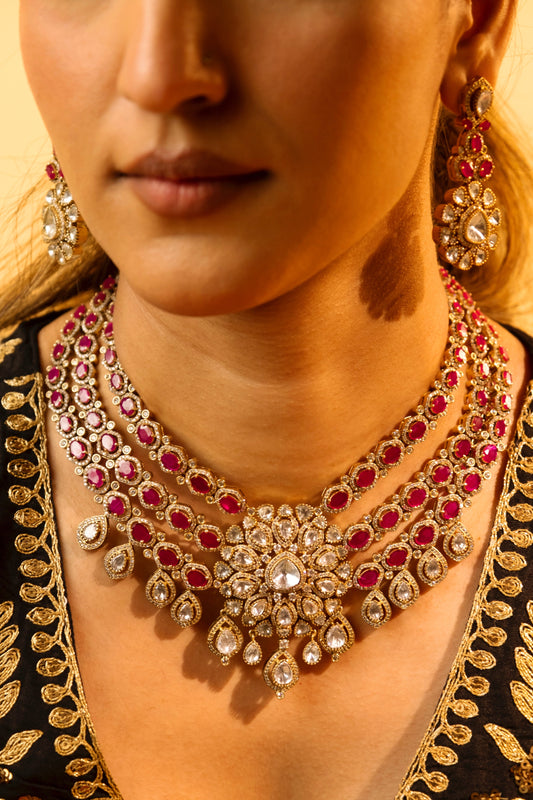 Pre Order- Indus Ruby Moissanite Polki Necklace Set